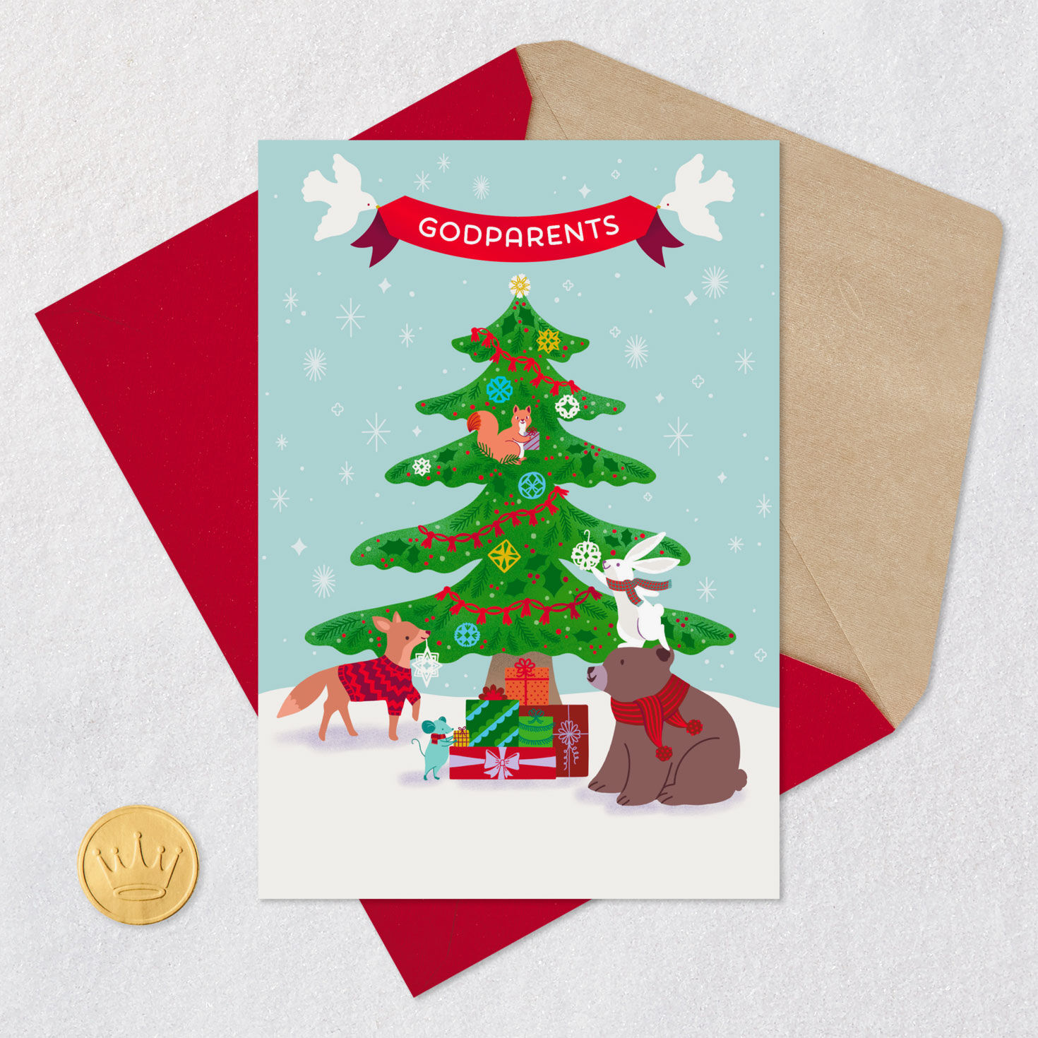 Tree and Critters Christmas Card for Godparents Card Front with Envelope and Gold Seal image number 5