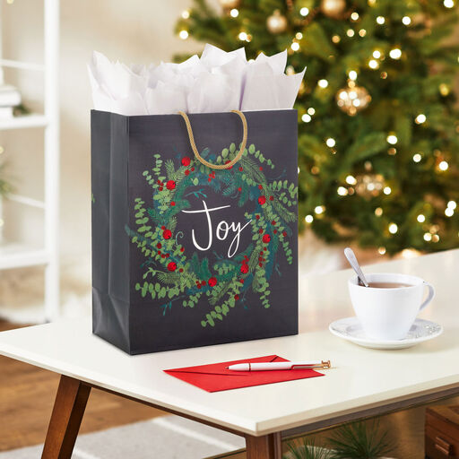 13" Joy Wreath on Black Large Christmas Gift Bag, 
