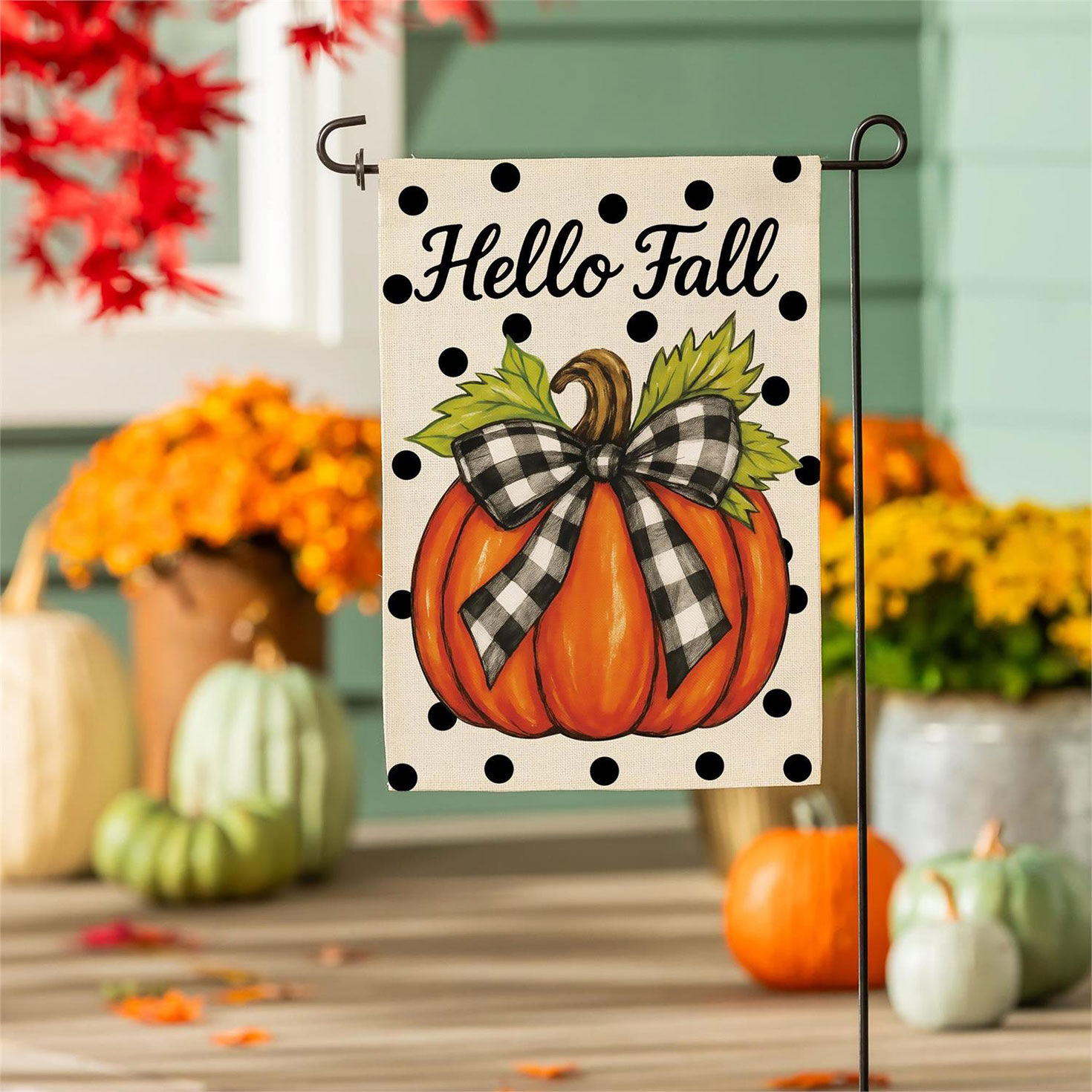 Evergreen Hello Fall Checkered Bow Pumpkin Garden Flag