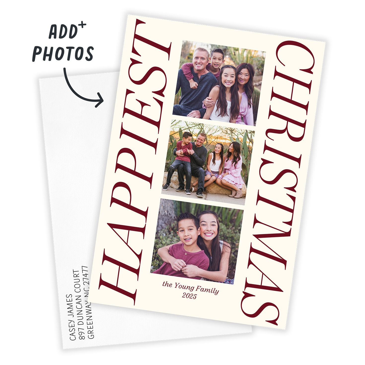 Red Lettering Flat Christmas Photo Card Card Front indicating personalization image number 2