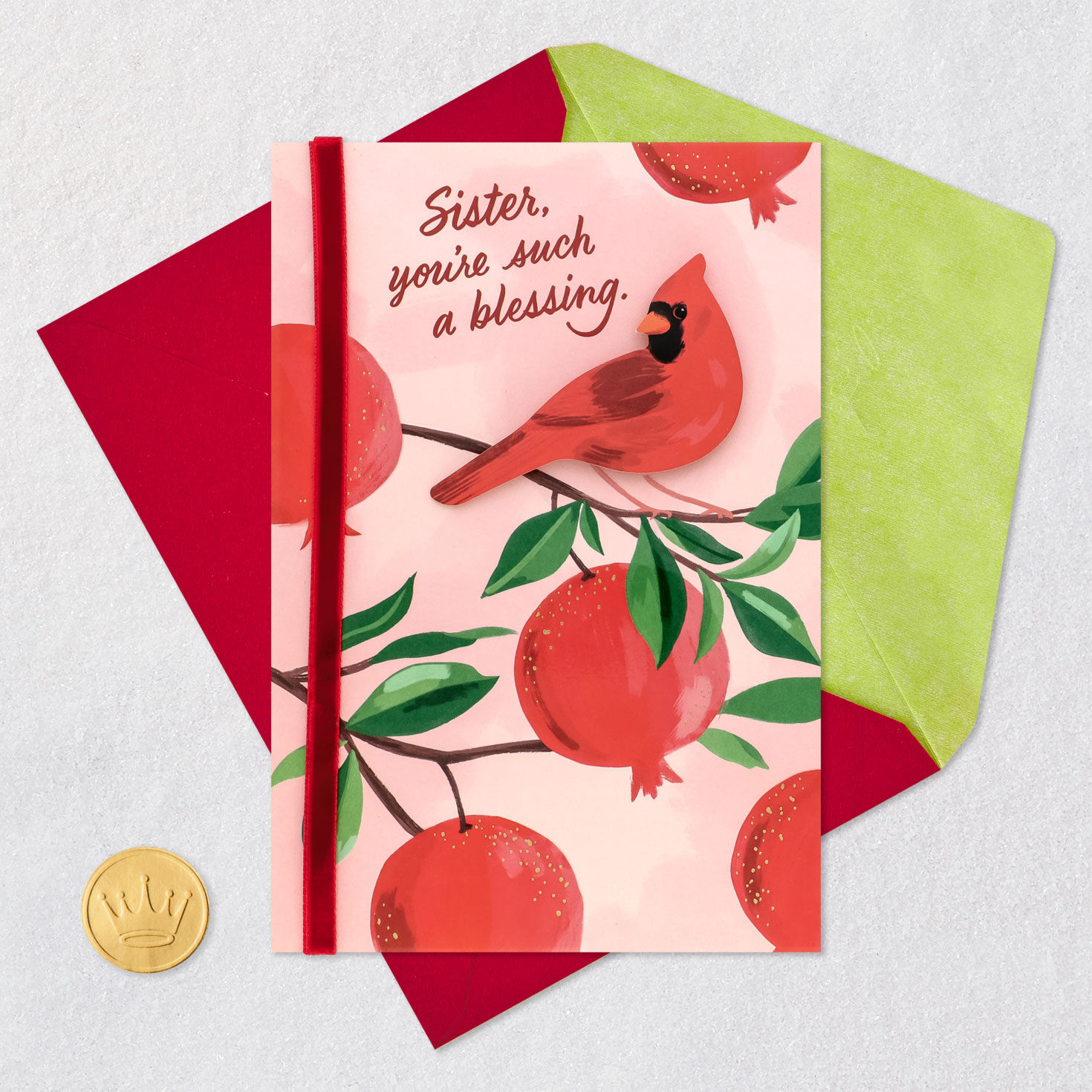 Cardinal Pomegranate Christmas Card for Sister Card Front with Envelope and Gold Seal image number 6