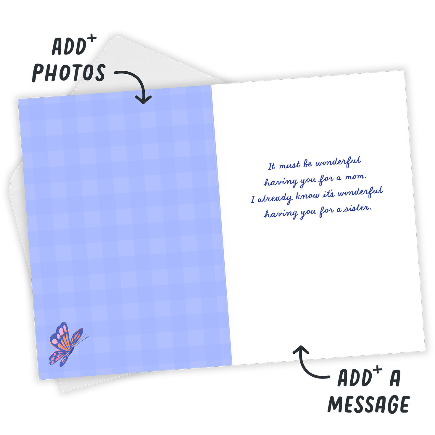 Butterflies on Purple Gingham Mother's Day Card Open Card with Envelope indicating personalization image number 4