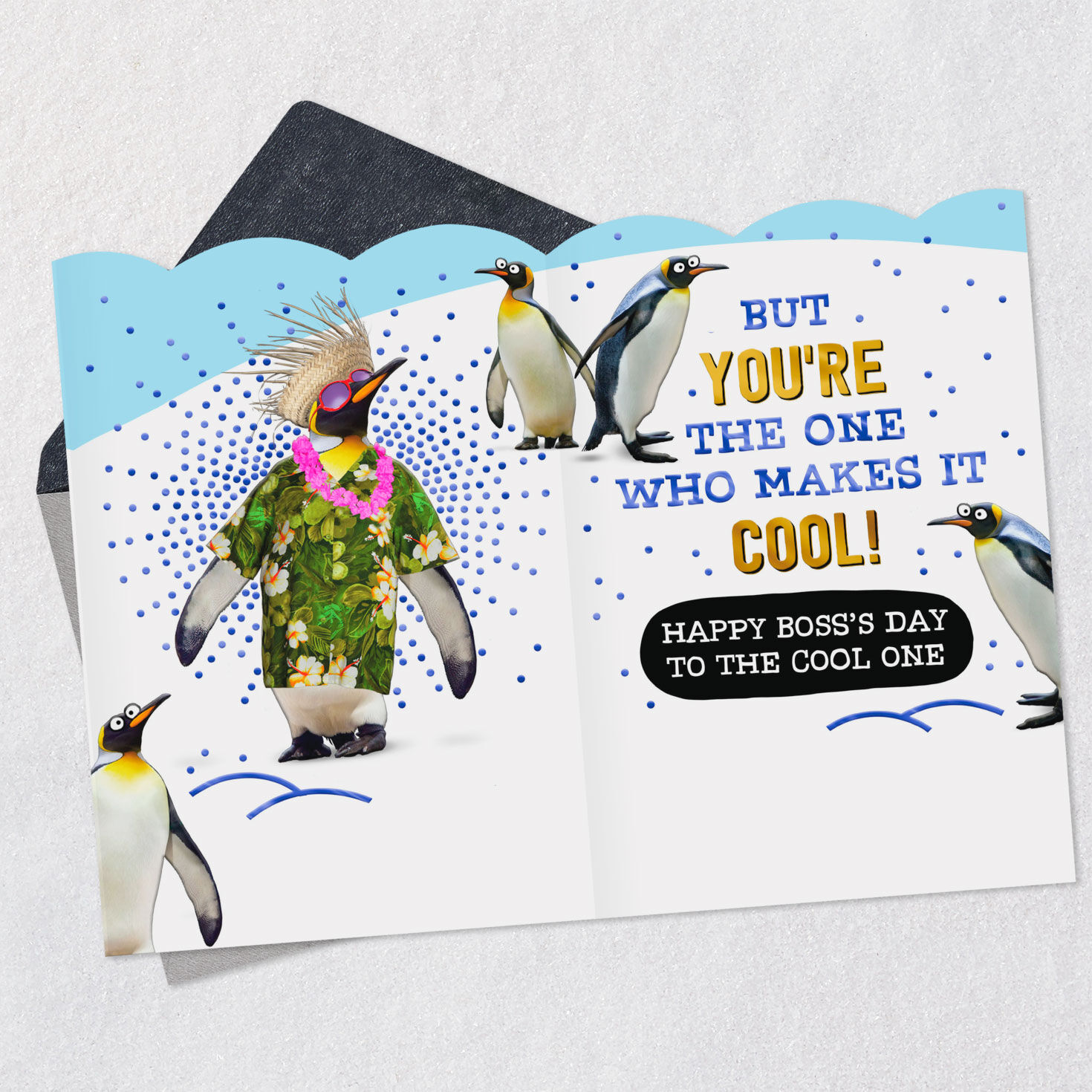 Penguins in Snow Funny Boss's Day Card From All Open card with envelope image number 4