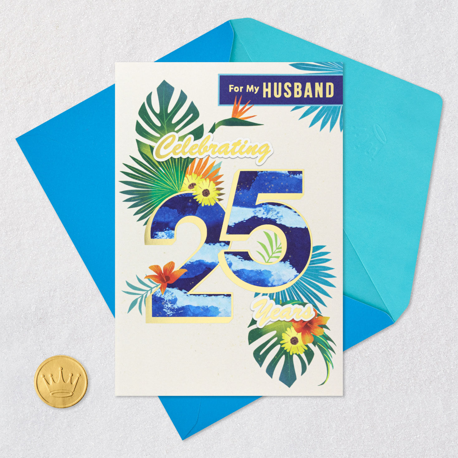 Tropical Leaves with Blue Lettering Anniversary Card for Him Card Front with Envelope and Gold Seal image number 6