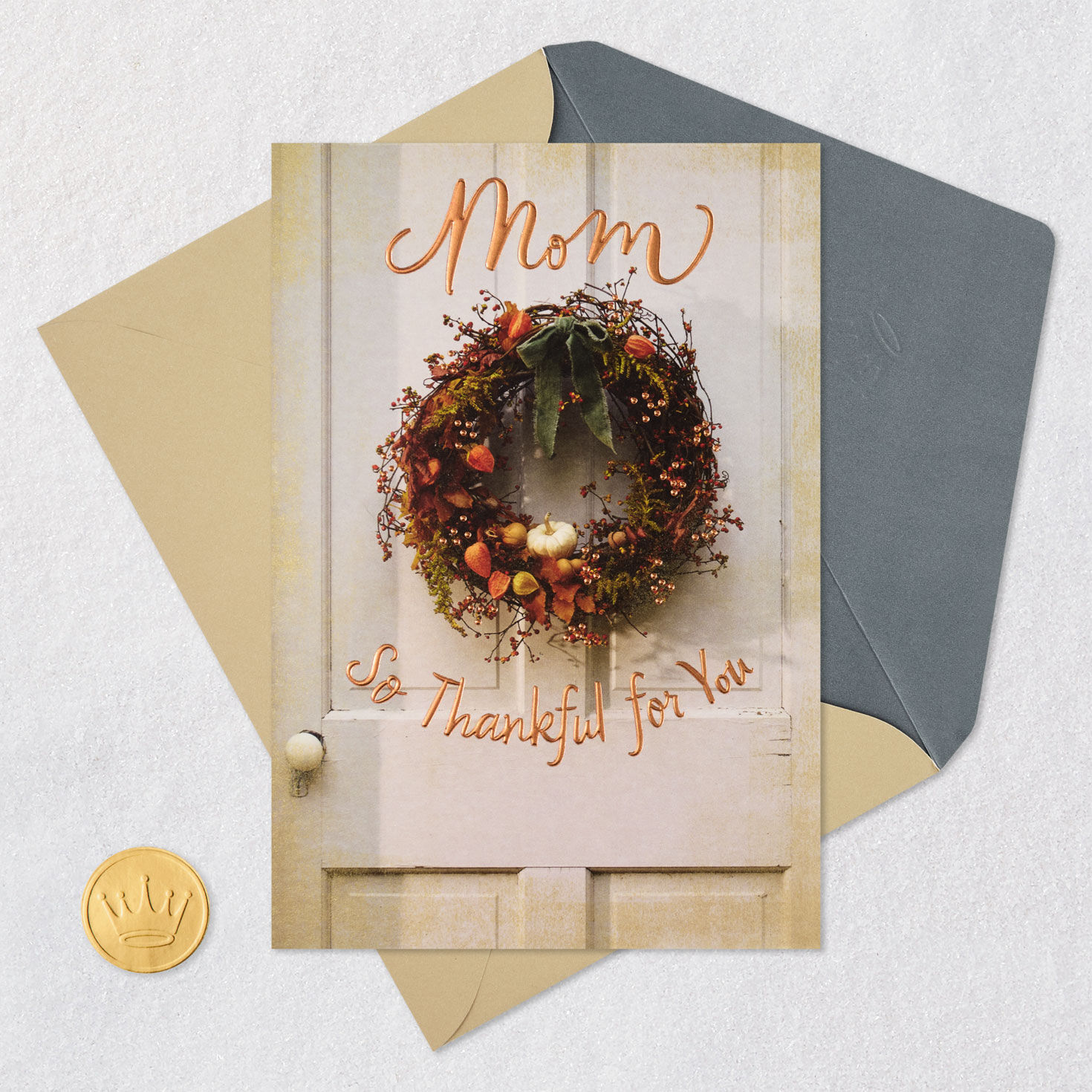 Fall Wreath on White Door Thanksgiving Card for Mom Card Front with Envelope and Gold Seal image number 7