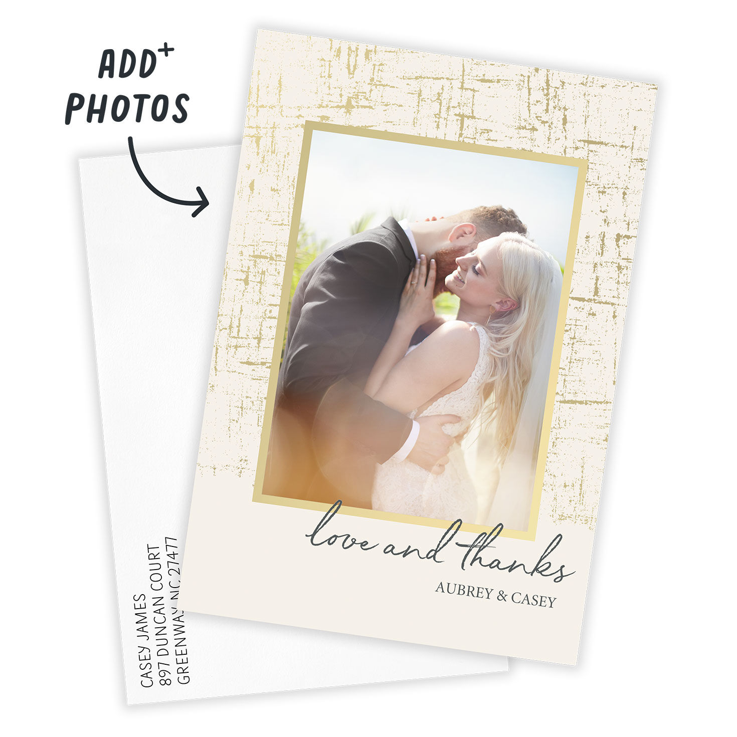 Gold Wood Pattern Personalized Wedding Thank You Card Front indicating personalization image number 2