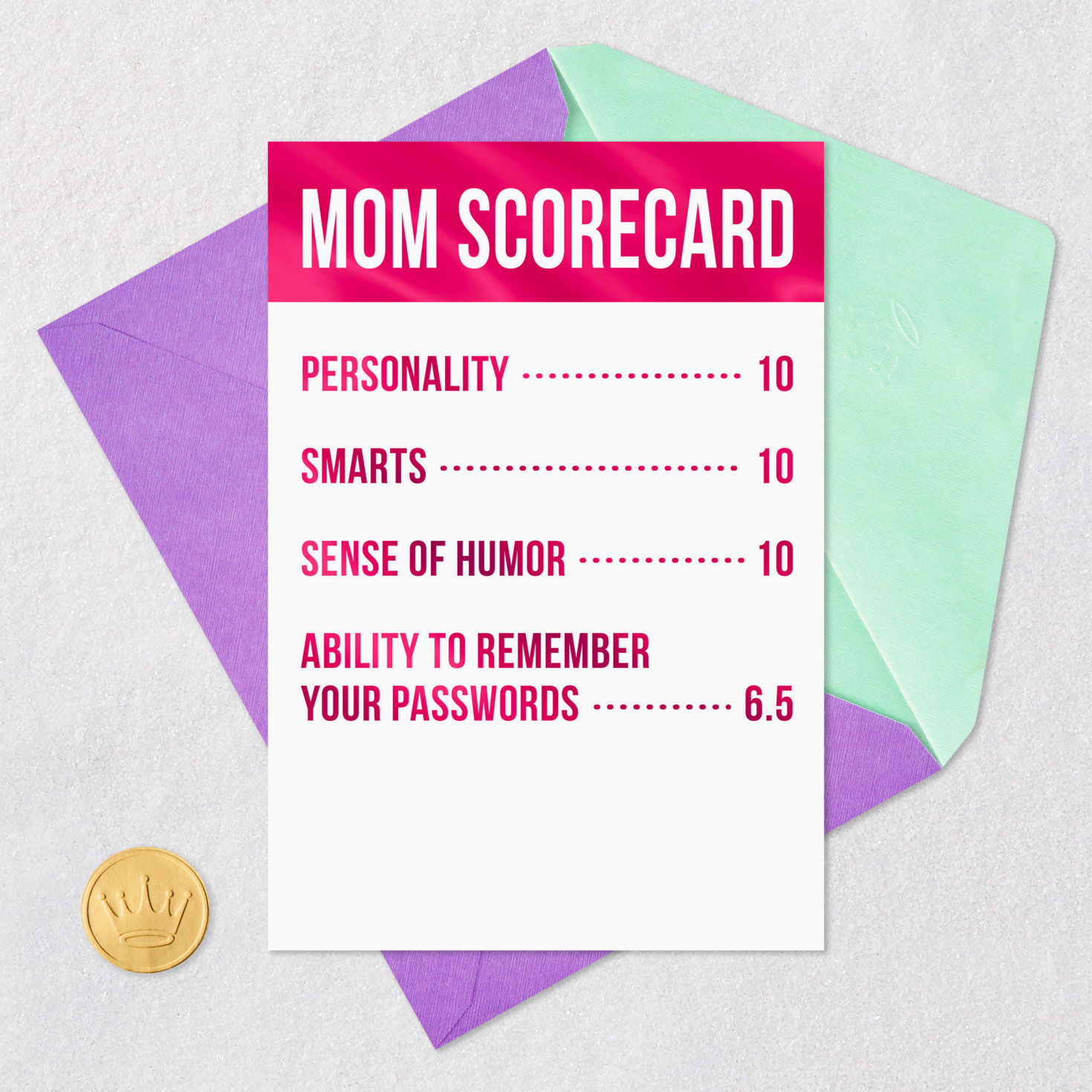 Mom Scorecard Funny Birthday Card for Her Card Front with Envelope and Gold Seal image number 5