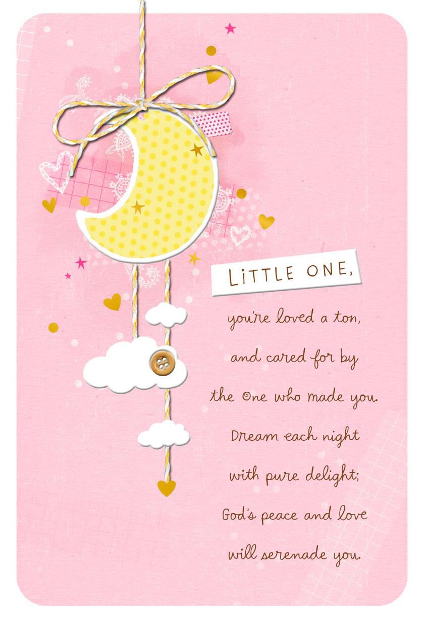 Moon With Hearts and Stars Baby Girl Christening Card
