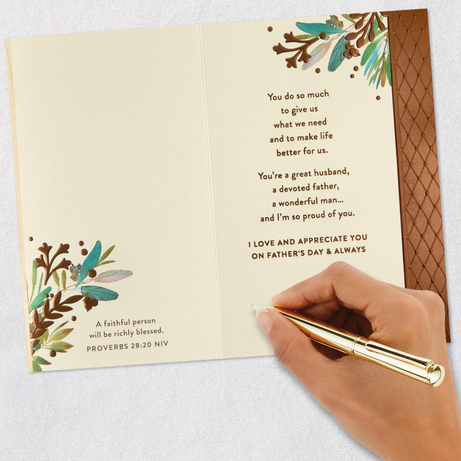 Leaves on Woodgrain Religious Father's Day Card for Husband Signing card image number 7