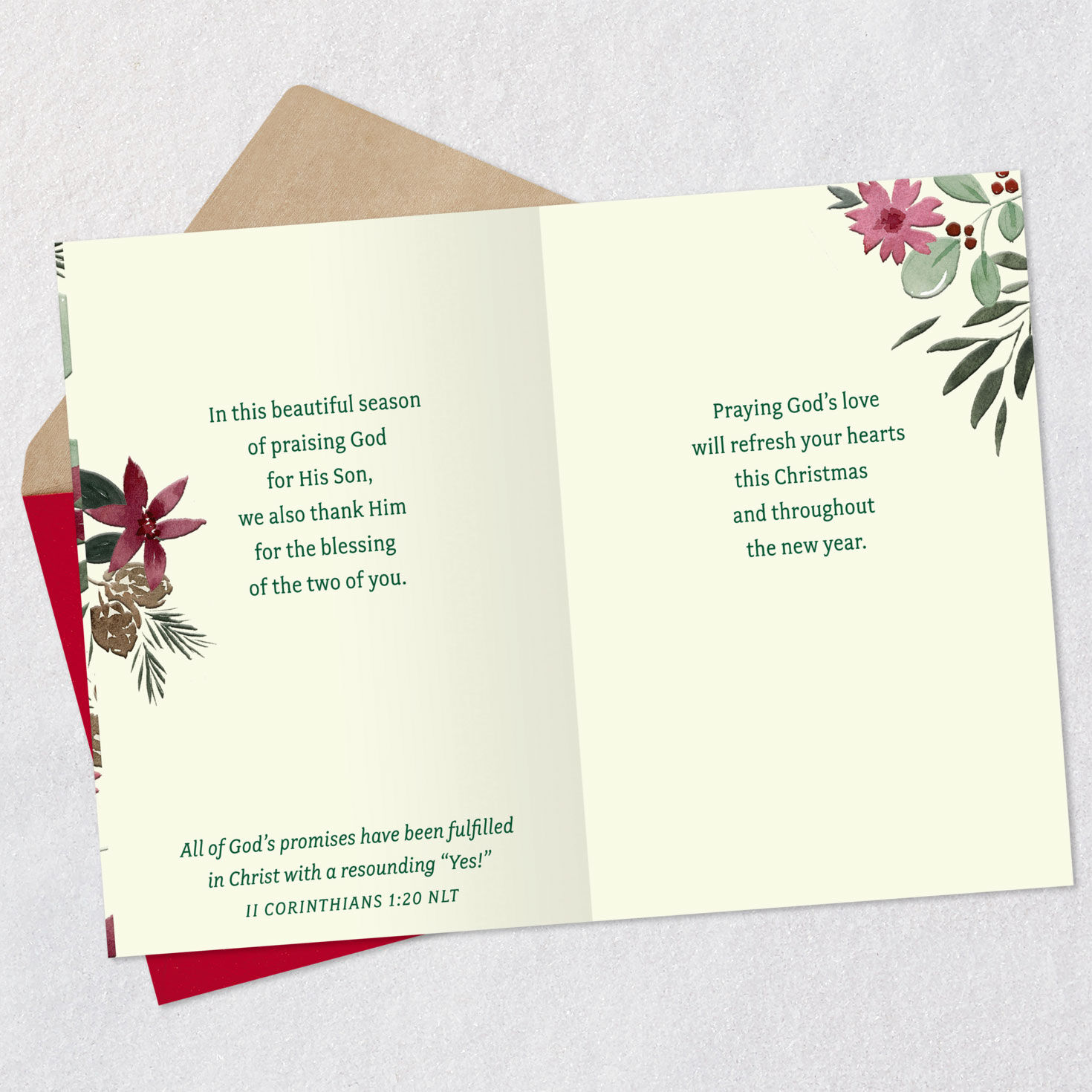 Poinsettia Floral Couple Religious Christmas Card Open card with envelope image number 5