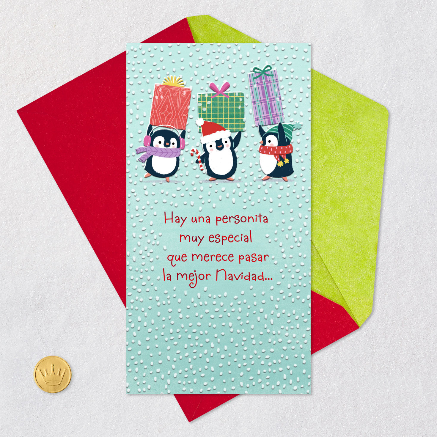 Penguins Spanish Gift Card Holder Christmas Card Card Front with Envelope and Gold Seal image number 5