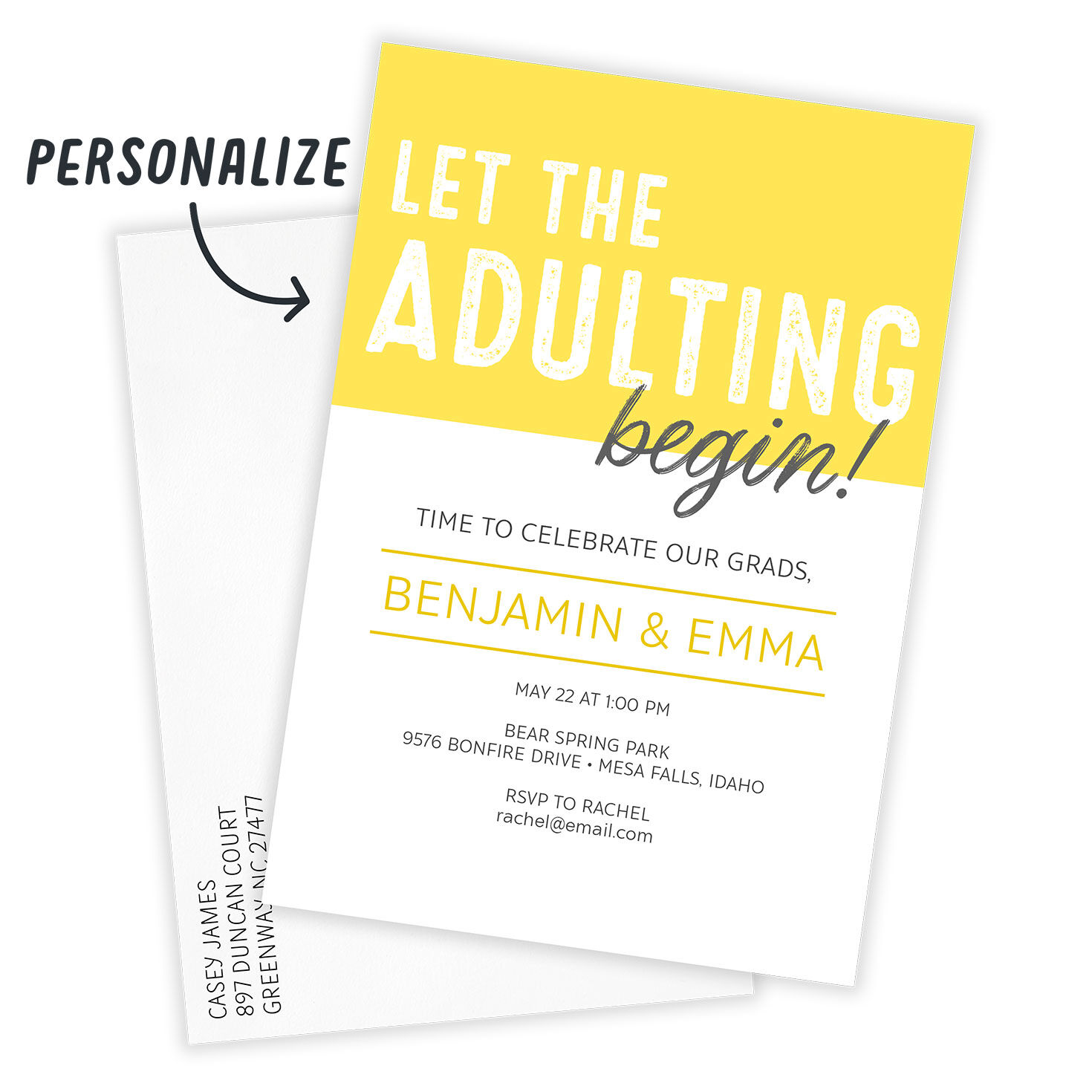 Yellow White Adulting Grad Party Invitation Card Front indicating personalization image number 2