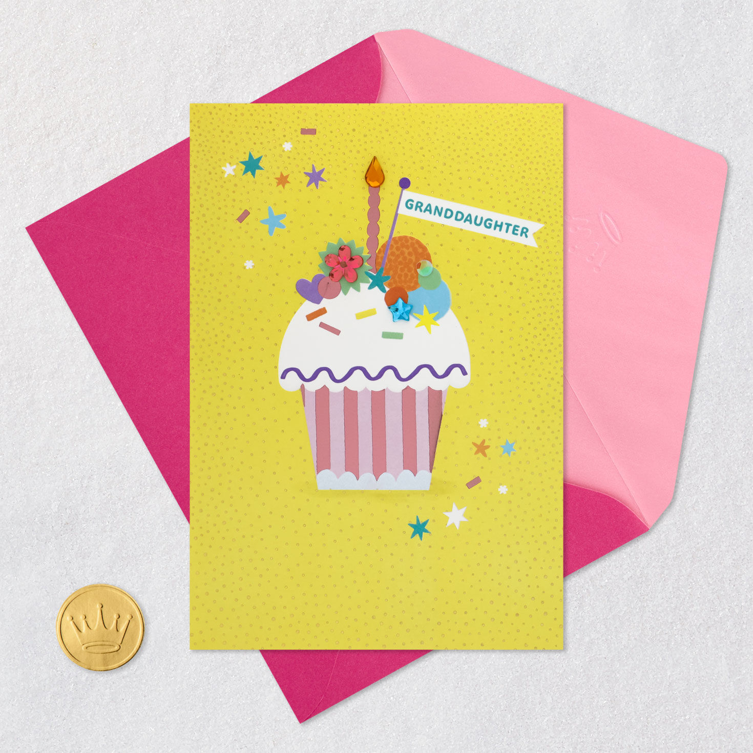 Pink Cupcake on Yellow Granddaughter Birthday Card Card Front with Envelope and Gold Seal image number 5