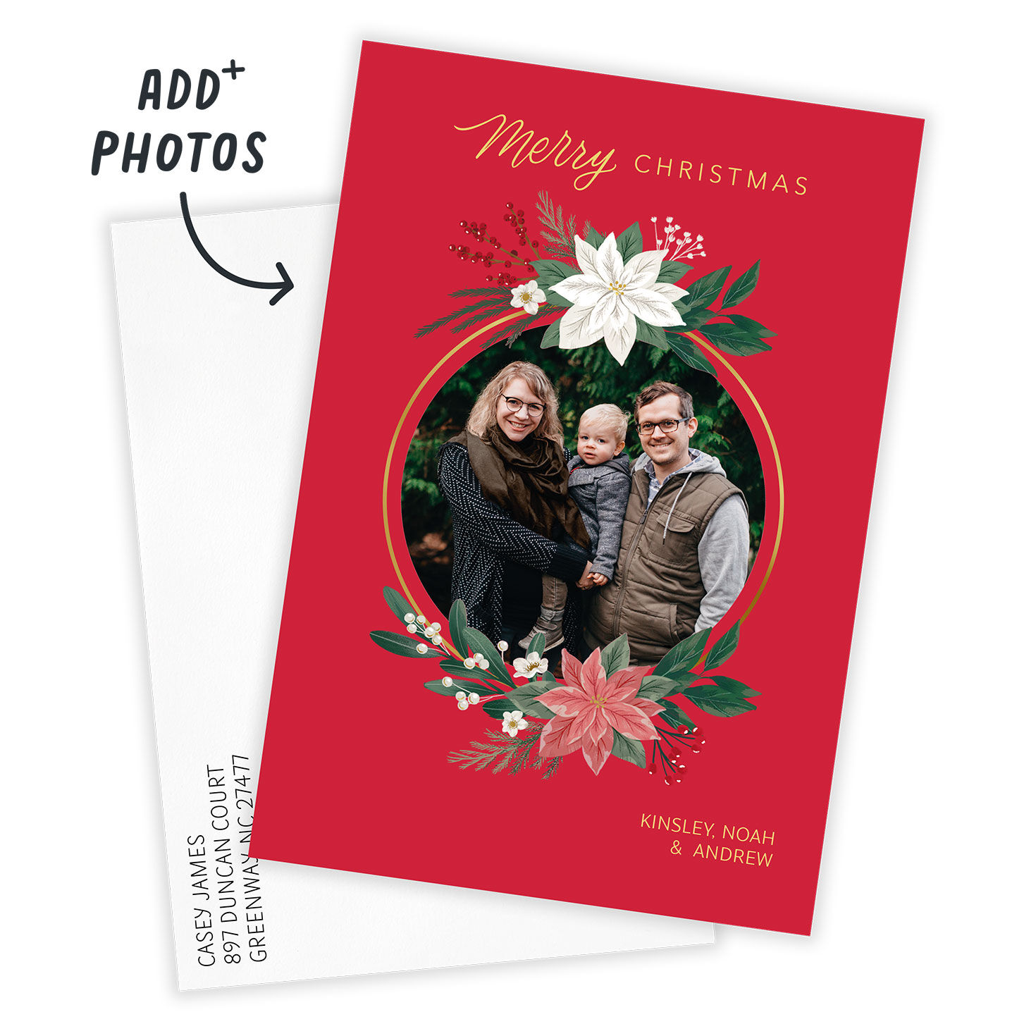 Gold Circle Poinsettias Christmas Photo Card Card with Envelope indicating personalization image number 2