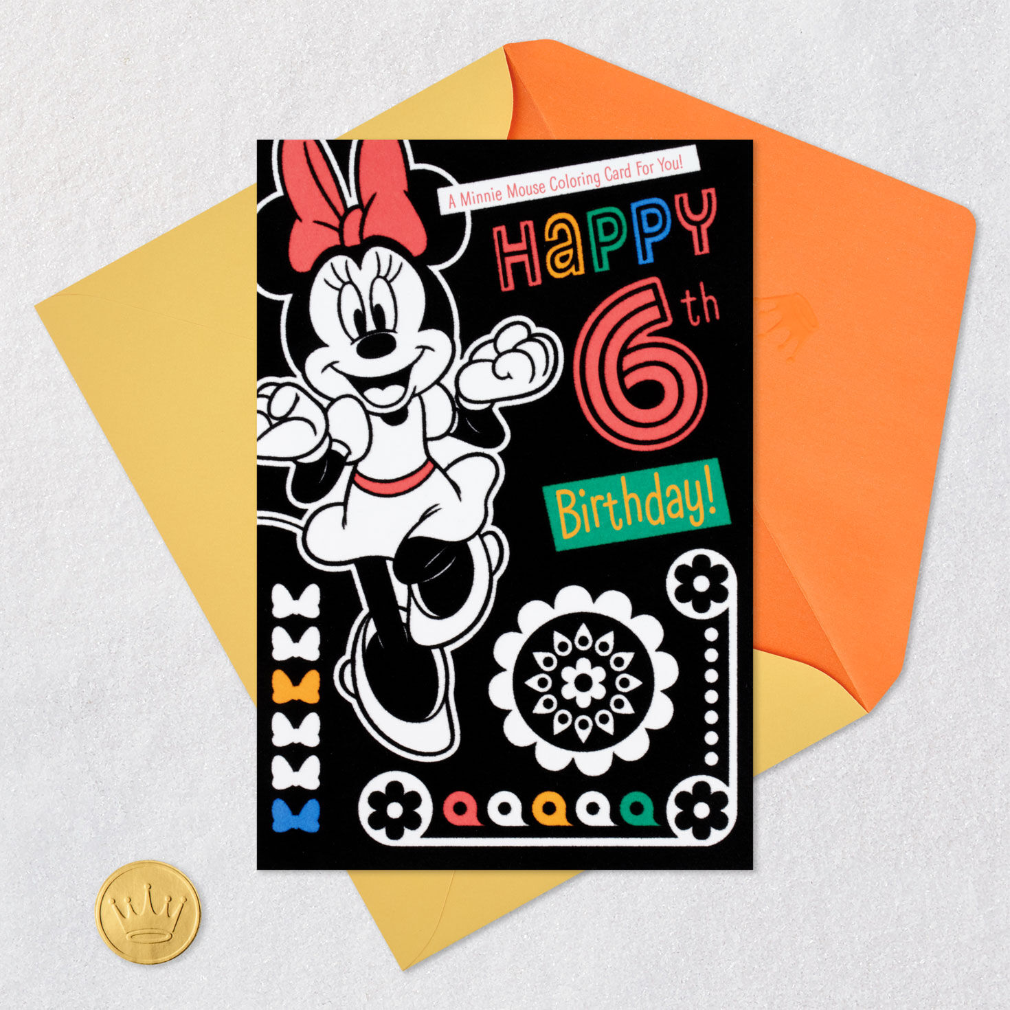 Minnie Mouse 6th Birthday Velvet Coloring Card for Girls Card Front with Envelope and Gold Seal image number 6
