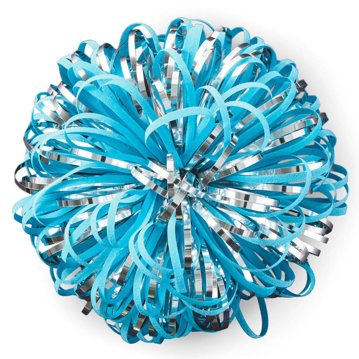 Turquoise and Silver Metallic Pom Pom Gift Bow, 5"