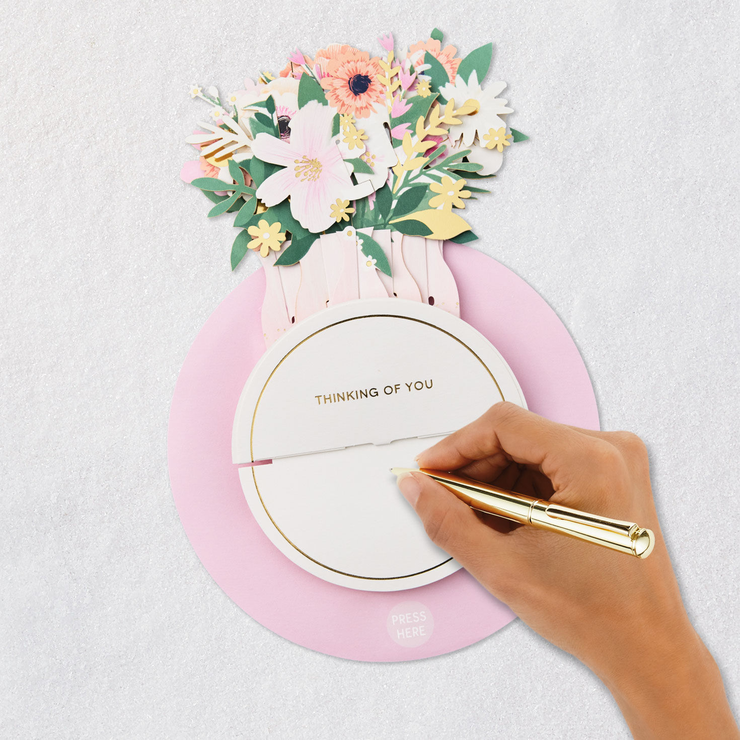 Spinning Pink and Gold Floral Bouquet Pop Up Card signing card image number 8