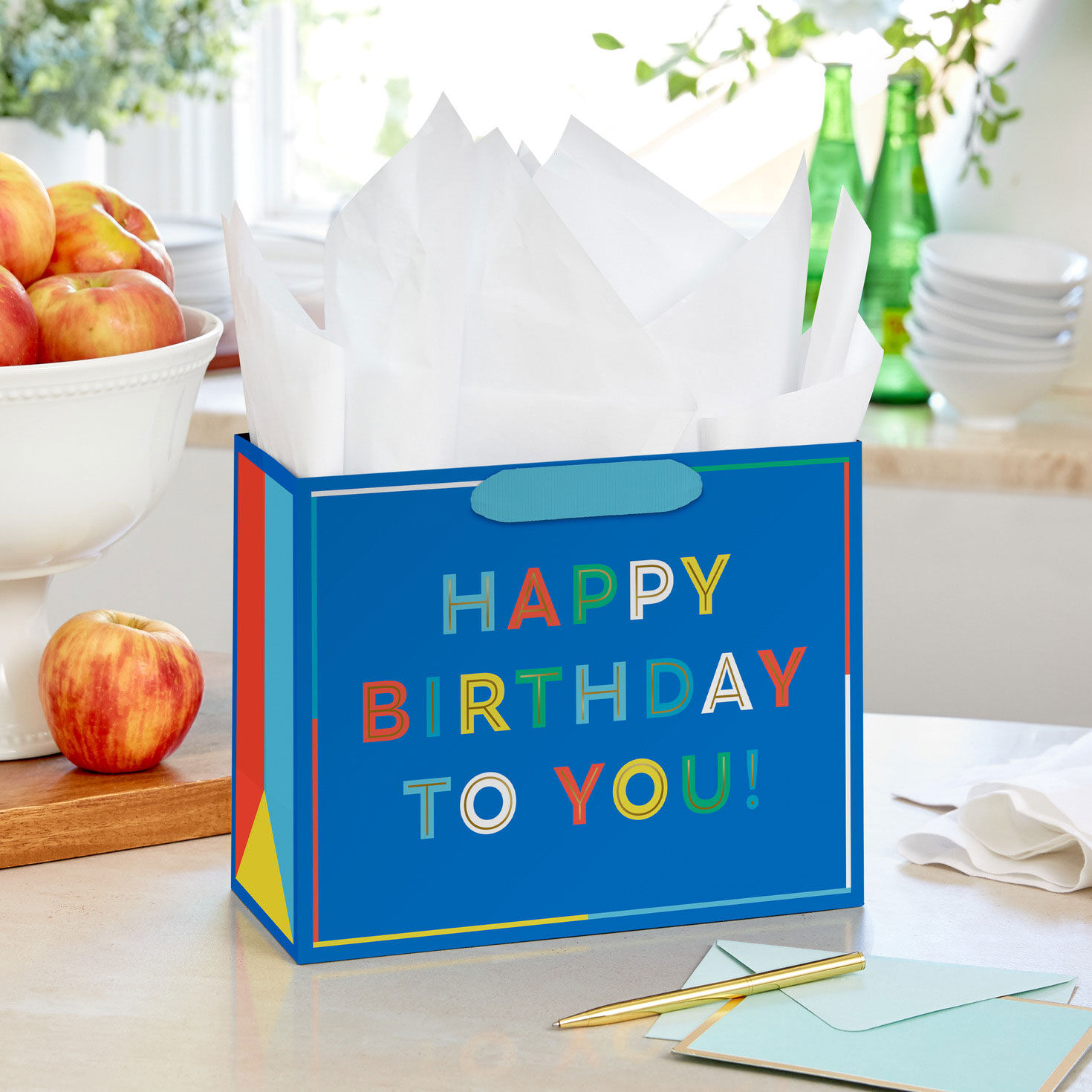 Happy Birthday on Blue Medium Horizontal Gift Bag In use image number 2