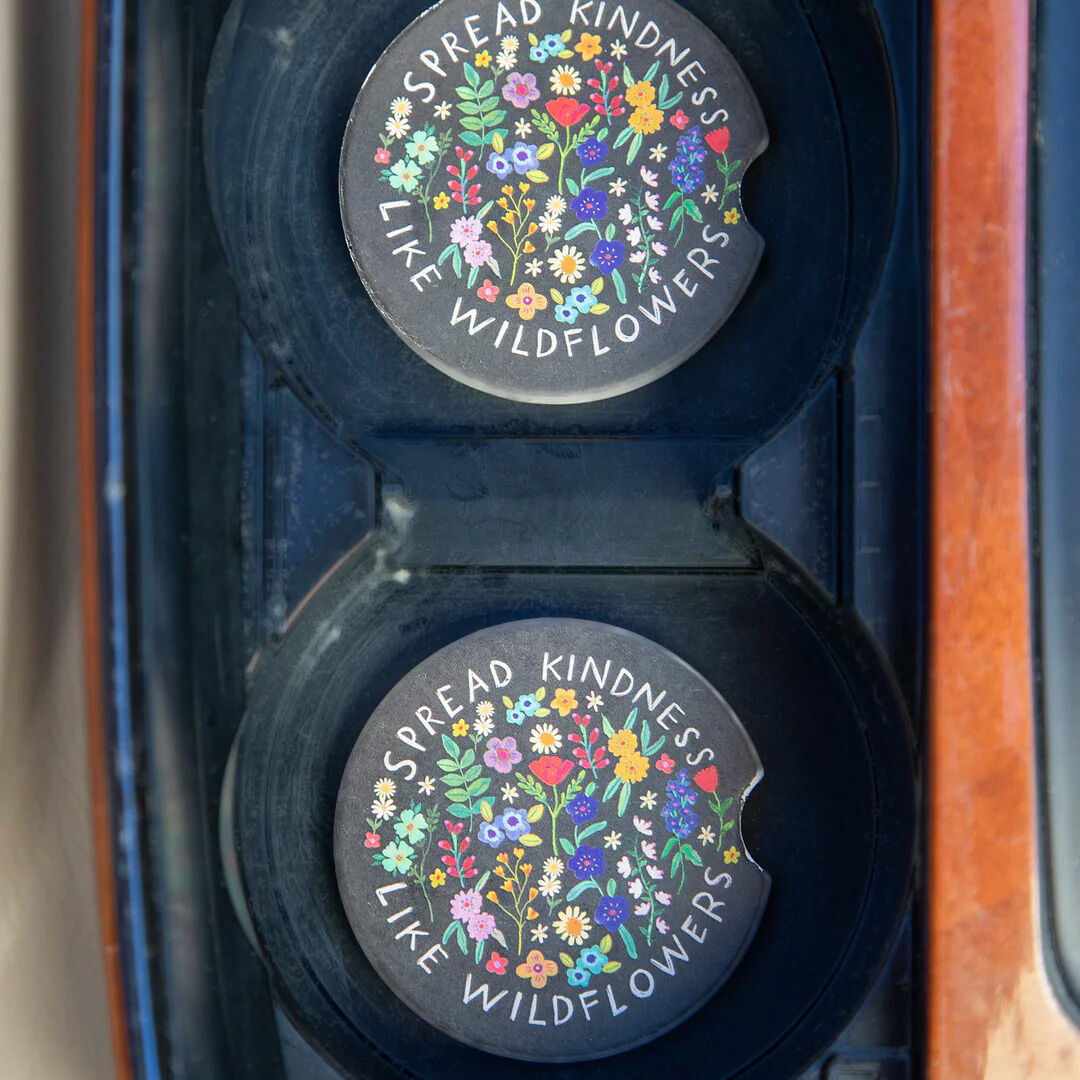 Natural Life Spread Kindness Ceramic Car Coasters in use image number 2