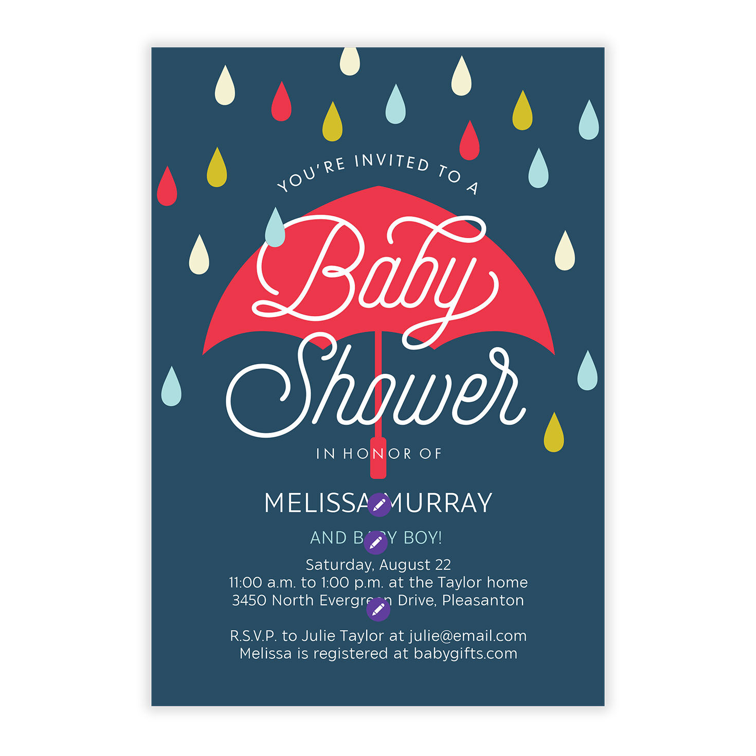 Red Umbrella Colored Raindrops Baby Shower Invite Card Front indicating personalization image number 5