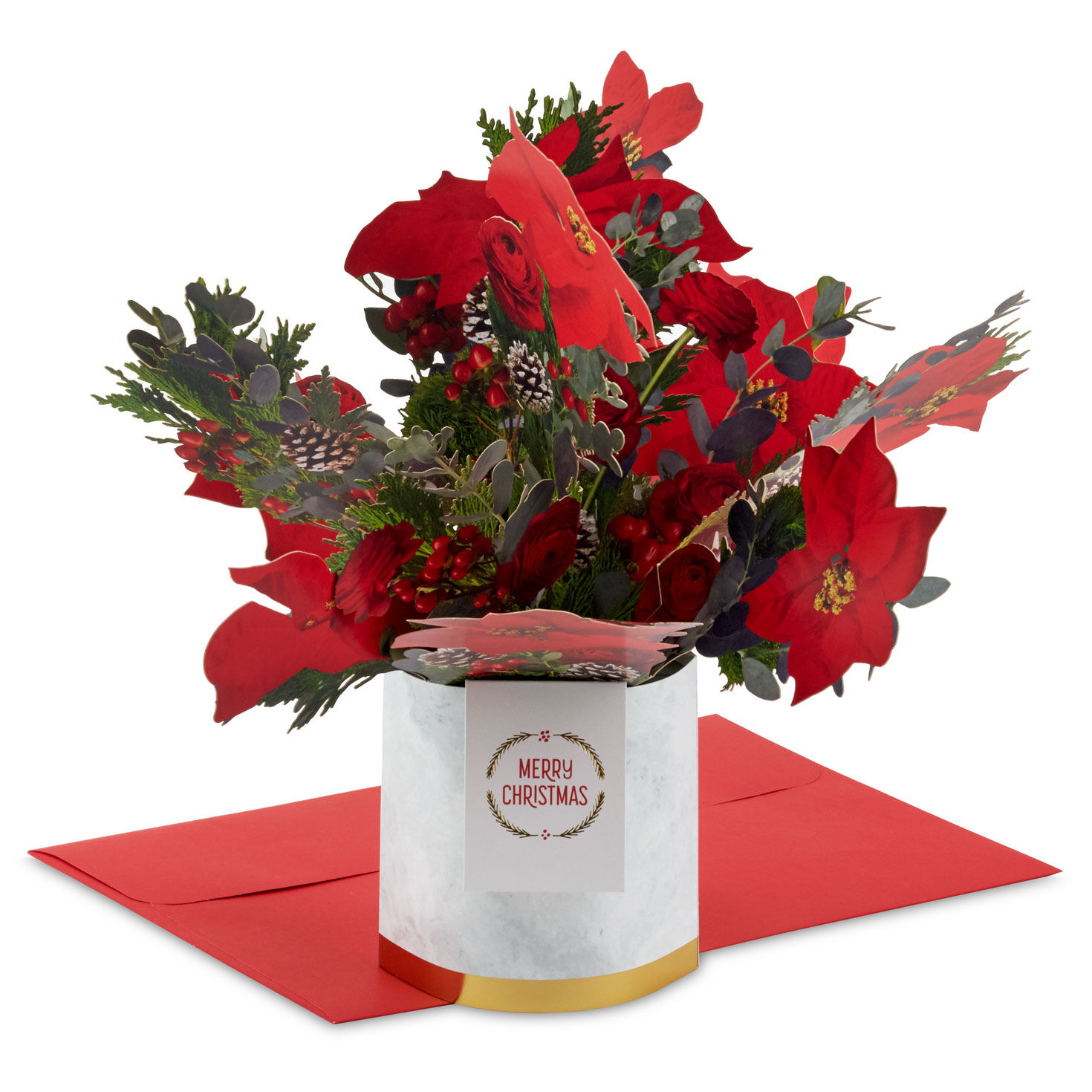 Merry Christmas Poinsettia Flower Bouquet 3D Pop-Up Christmas Card