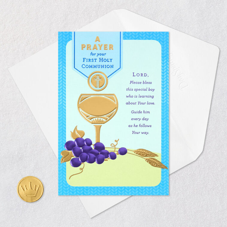 Gold Chalice and Grapes on Blue First Communion Card Card Front with Envelope and Gold Seal image number 6