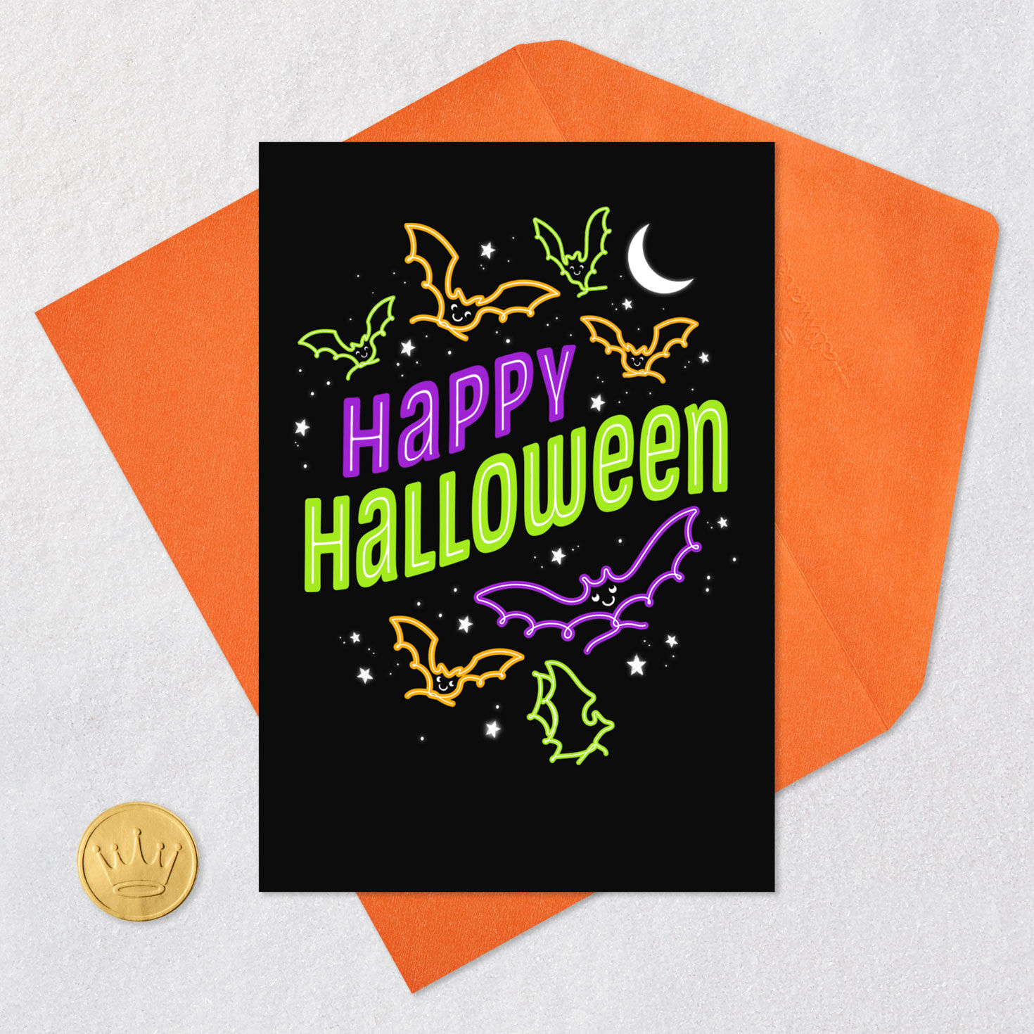 Neon Bats 99-Cent Happy Halloween Card for Kids Card Front with Envelope and Gold Seal image number 5