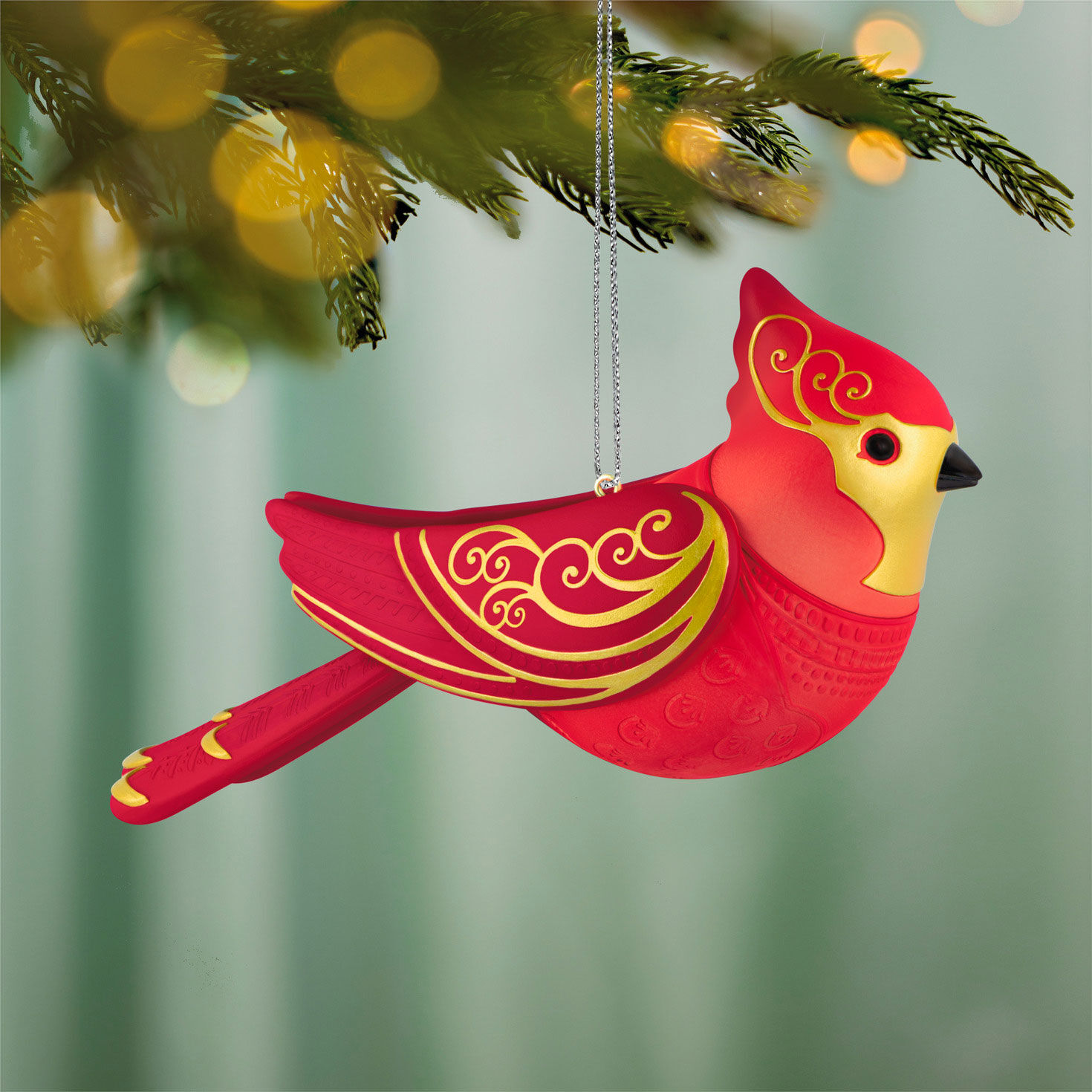 Red Gold Cardinal Keepsake Ornament hanging on tree image number 2