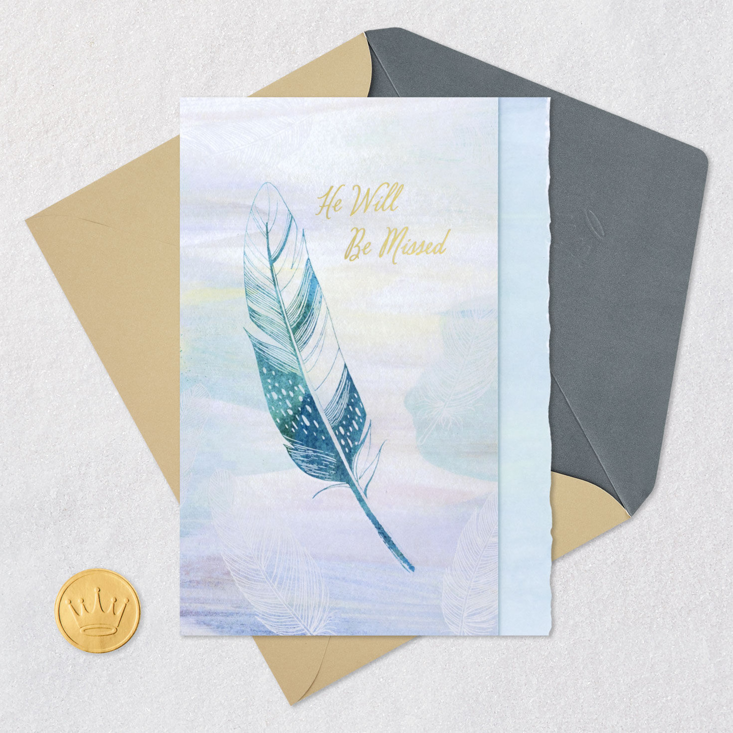 Blue Feather Sympathy Card for Him Card Front with Envelope and Gold Seal image number 5