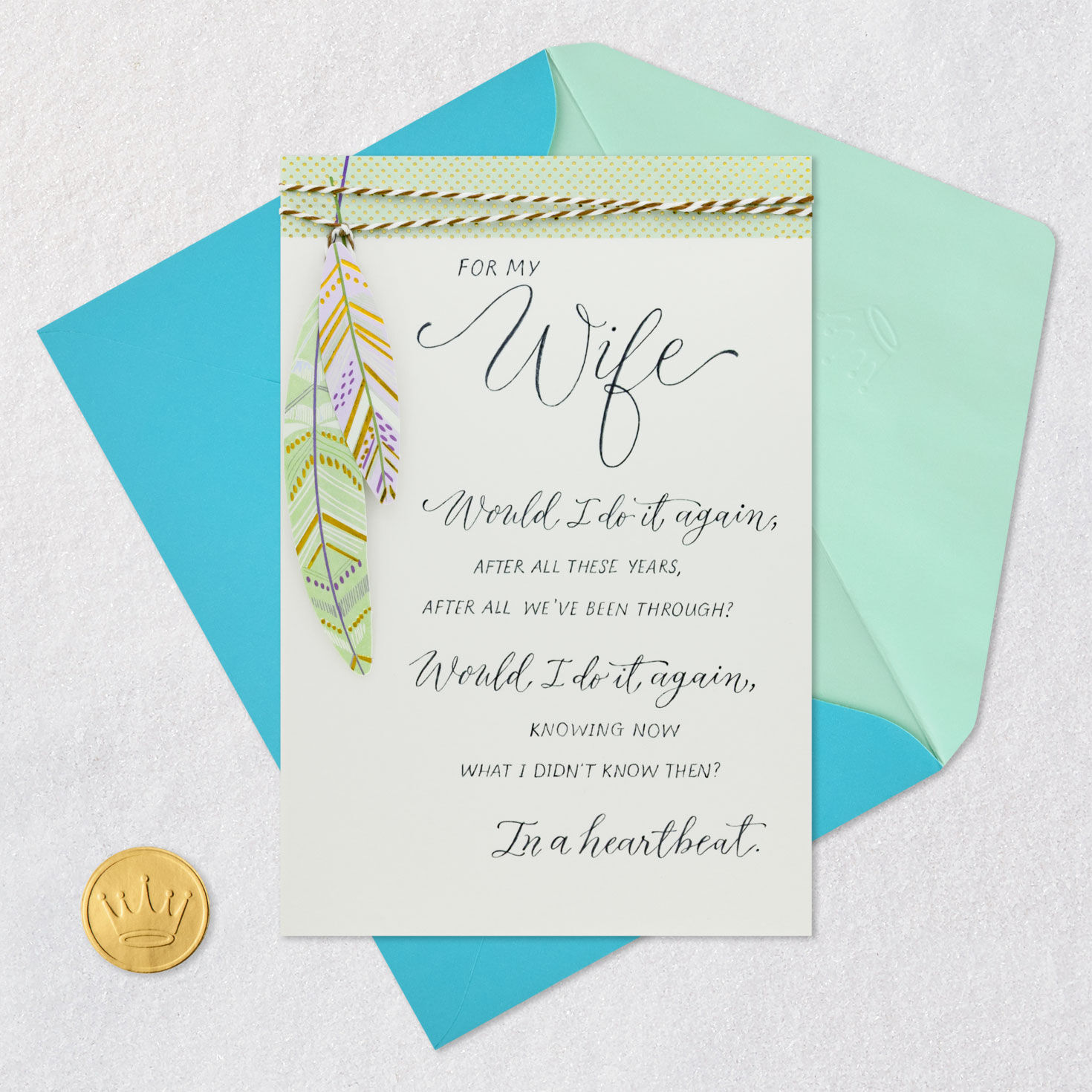 Green and Purple Feathers Wife Birthday Card Card Front with Envelope and Gold Seal image number 6