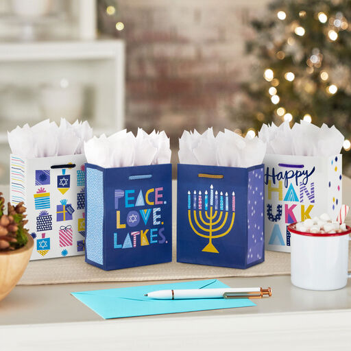 5.7" Tree of Life Festival of Lights 4-Pack Assortment Small Hanukkah Gift Bags, 
