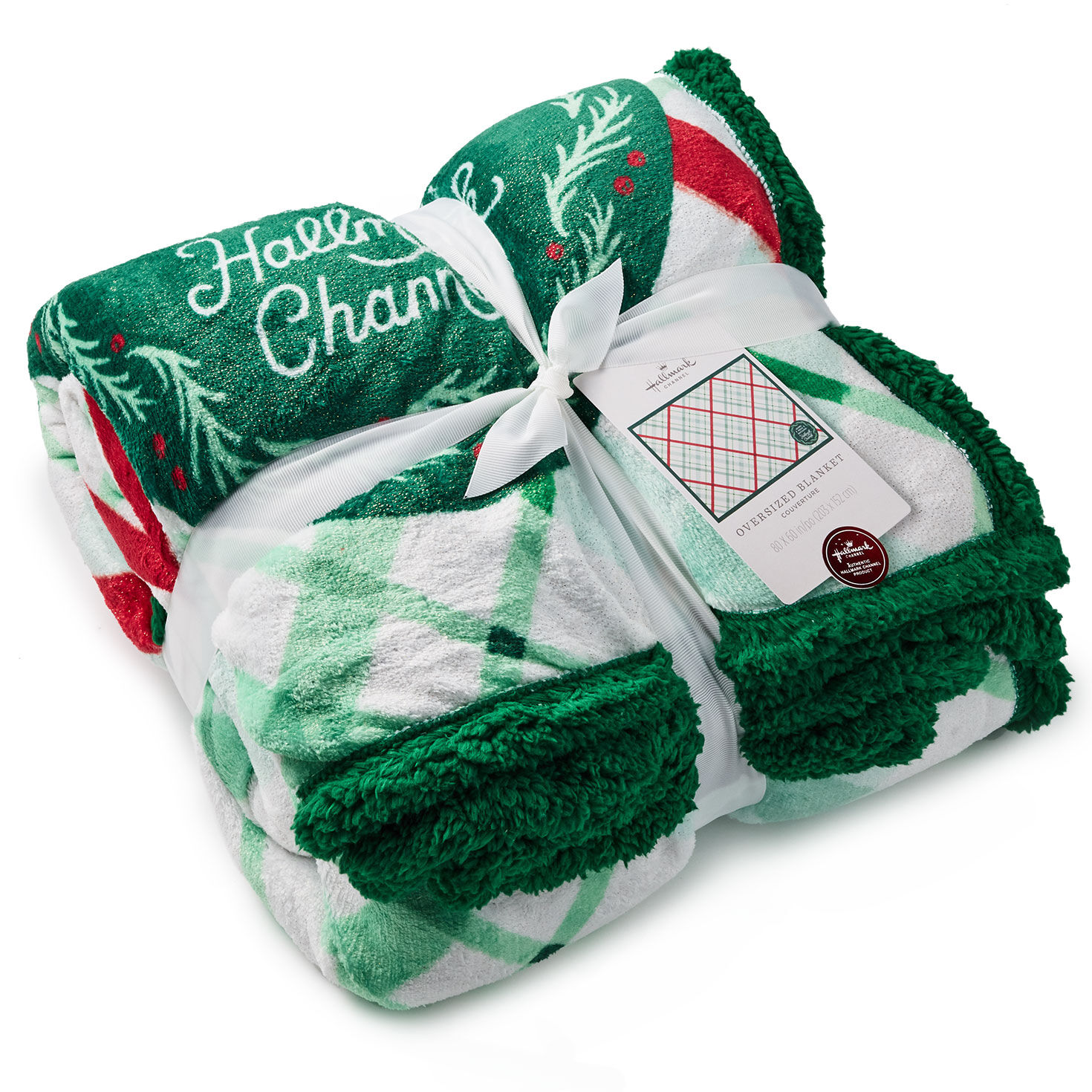 Red and Green Plaid Hallmark Channel Plush Blanket packged with ribbon and tag image number 5