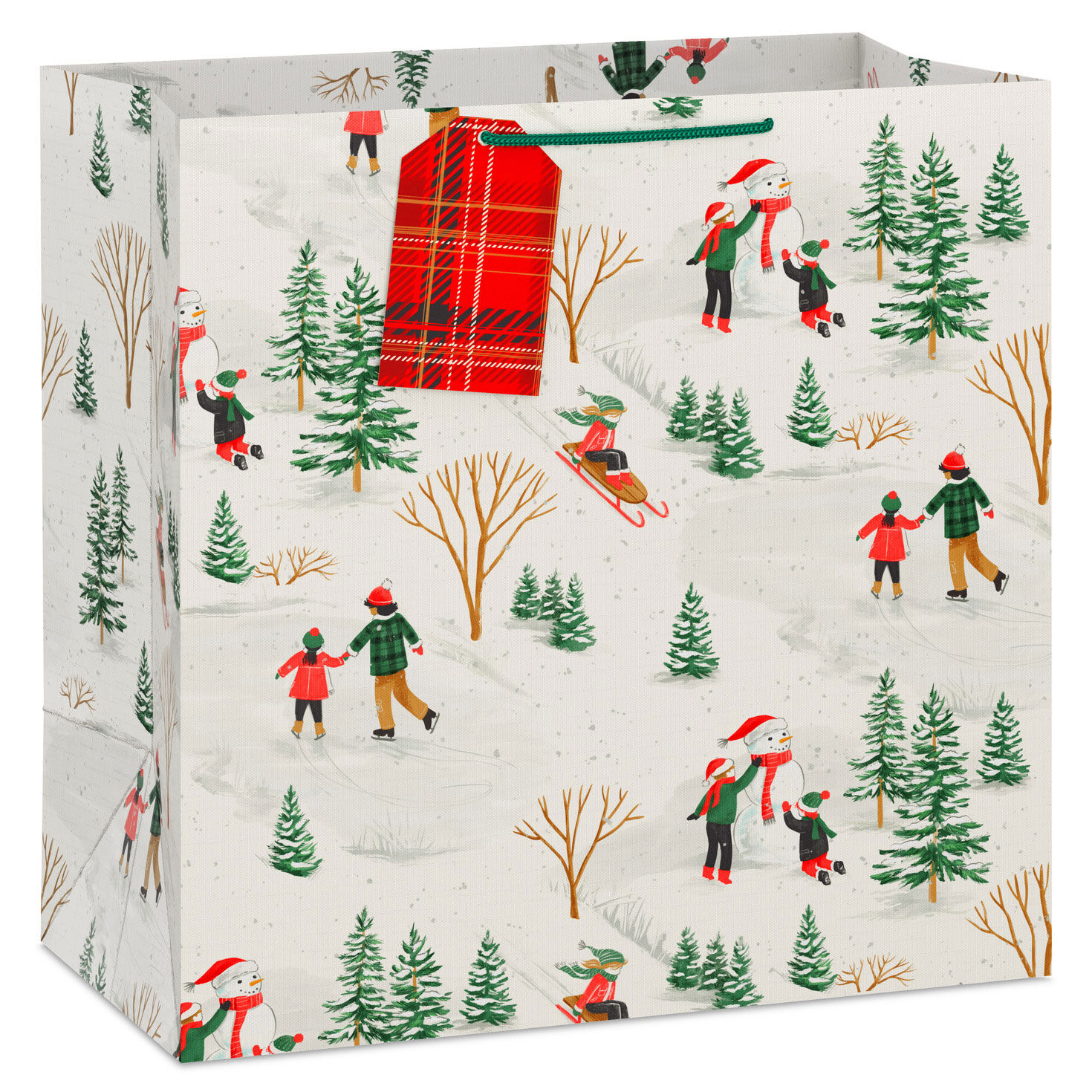 15" Vintage Sledding and Skating Extra-Deep Christmas Gift Bag With Gift Tag