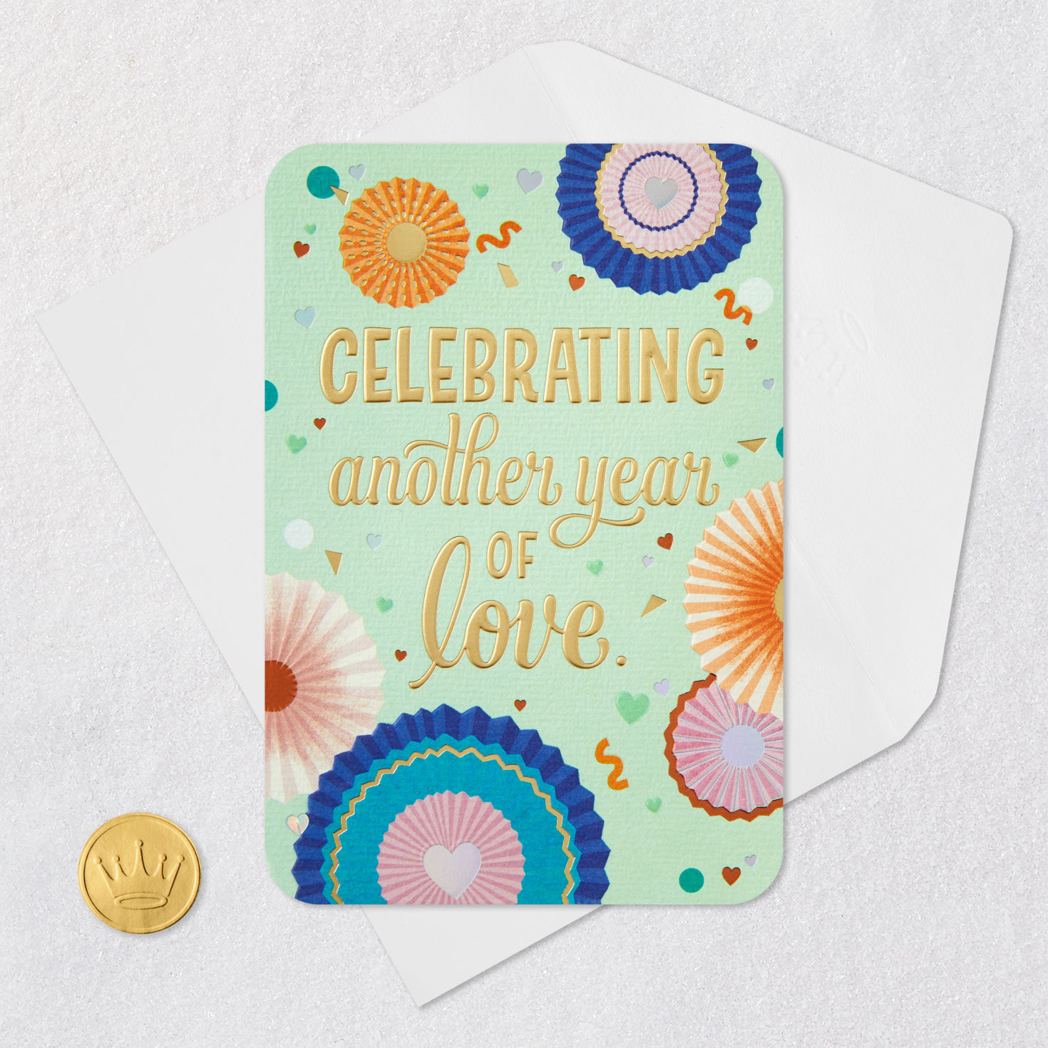 Paper Fan Flowers and Confetti on Mint Green Anniversary Card Card Front with Envelope and Gold Seal image number 5