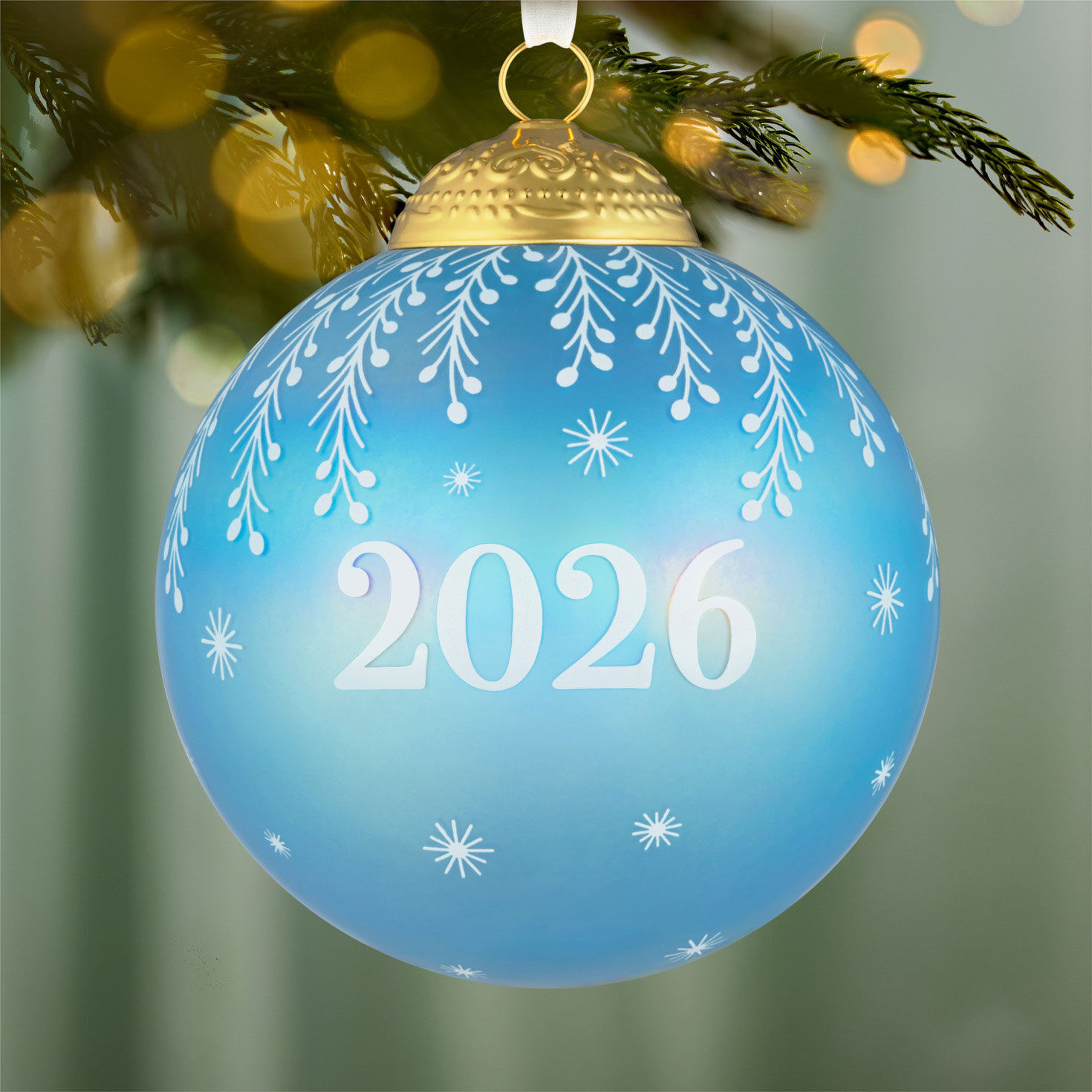2026 Blue Glass Ball Keepsake Ornament hanging on tree image number 2