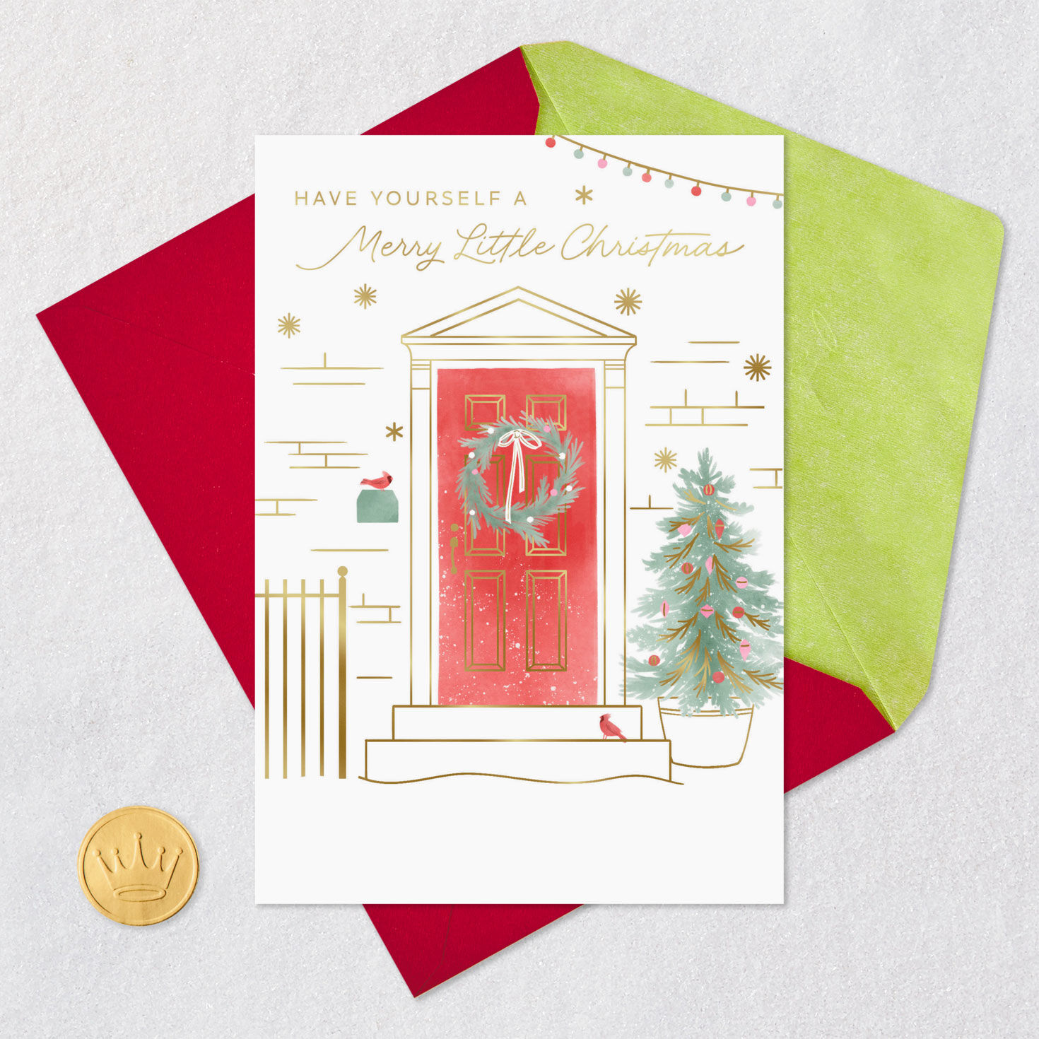 Decorated Front Door with Wreath Christmas Card Card Front with Envelope and Gold Seal image number 5