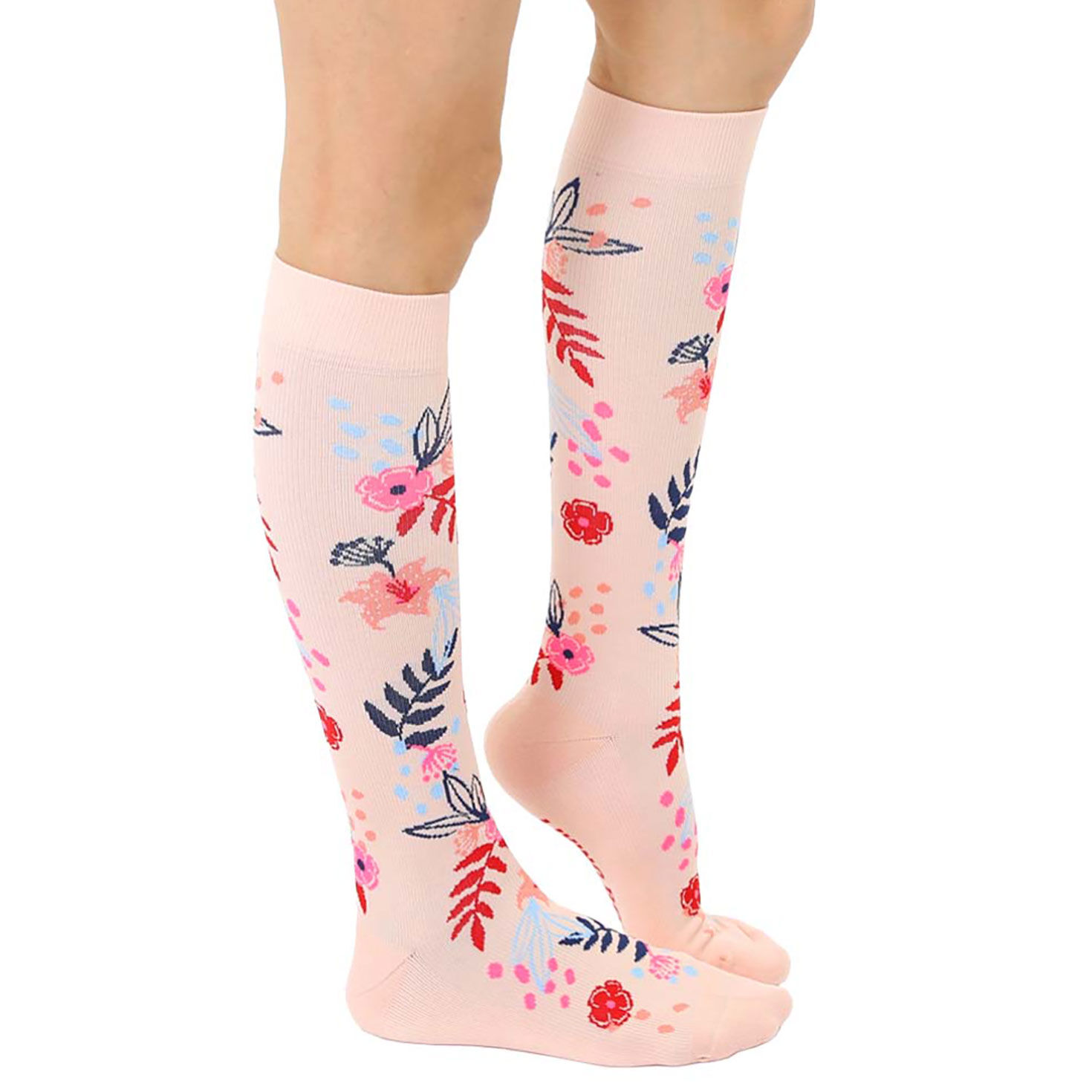 Peach Compression Socks With Floral Designs side image number 2