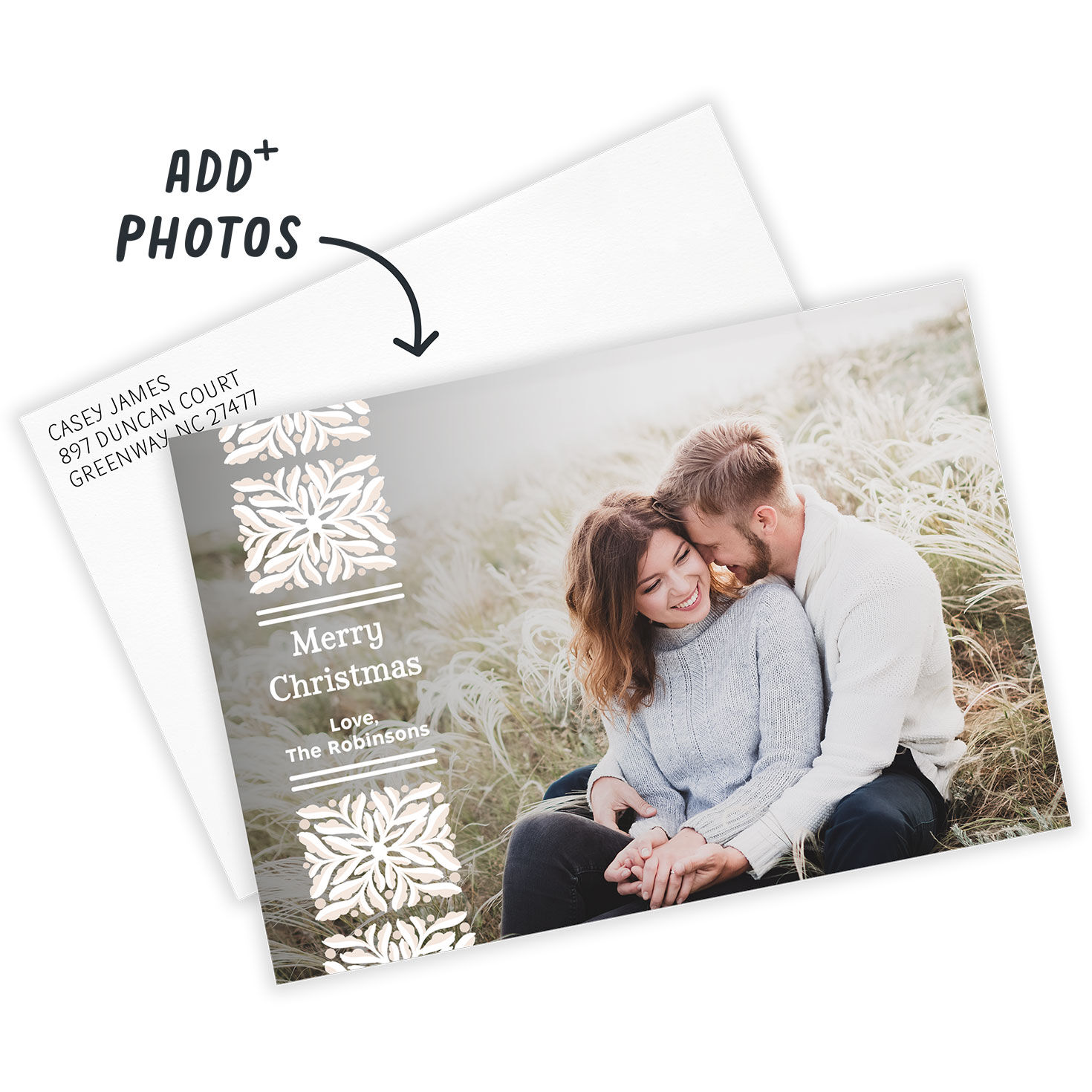 Stamped Border Personalized Christmas Photo Card Card Front indicating personalization image number 2