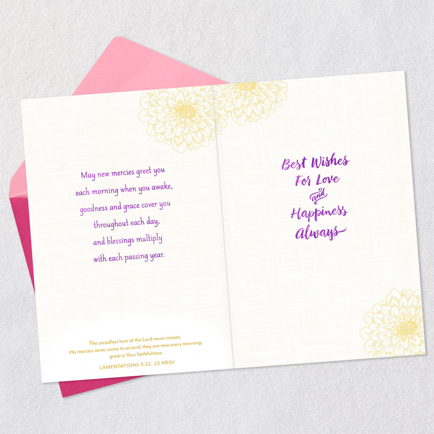 Pink Flowers With Ribbon Religious Wedding Card Open card with envelope image number 5