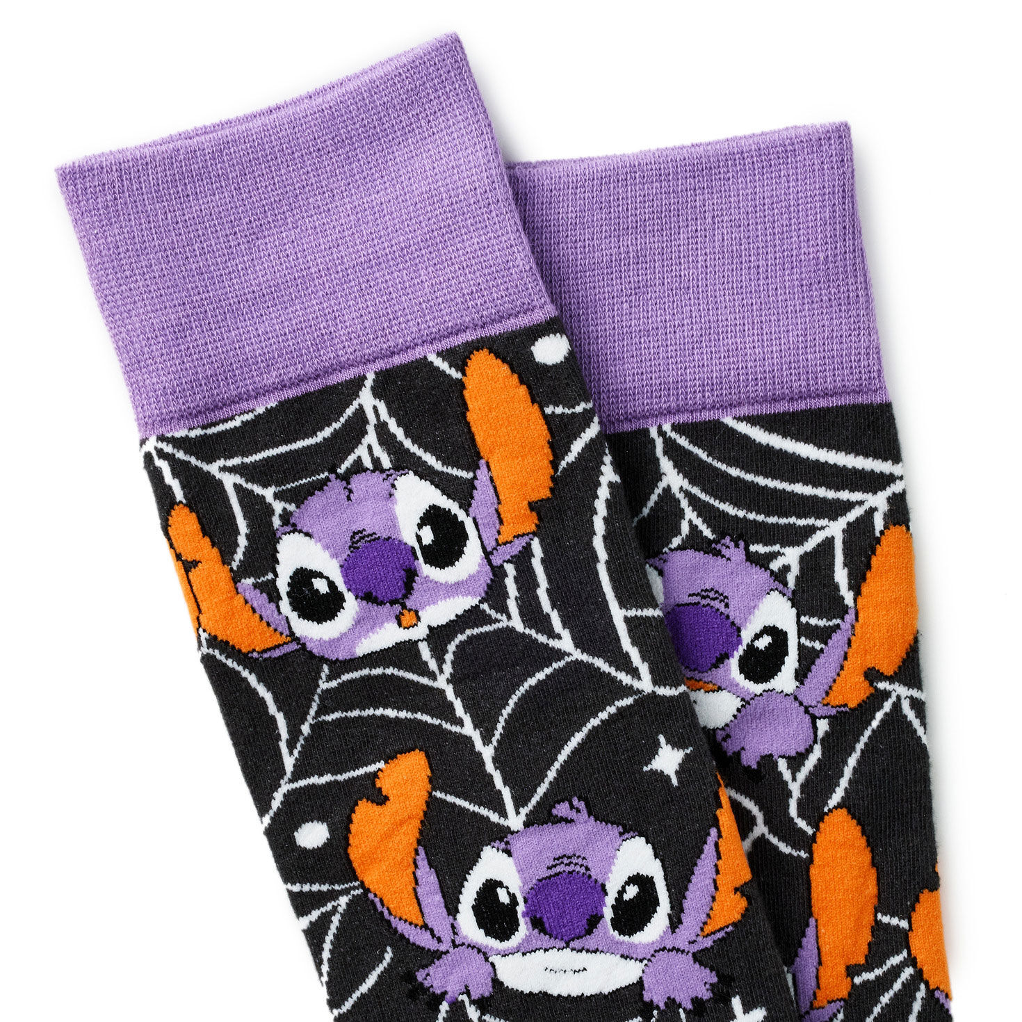 Disney Stitch Purple Black Spider Web Halloween Socks upclose detail image number 3