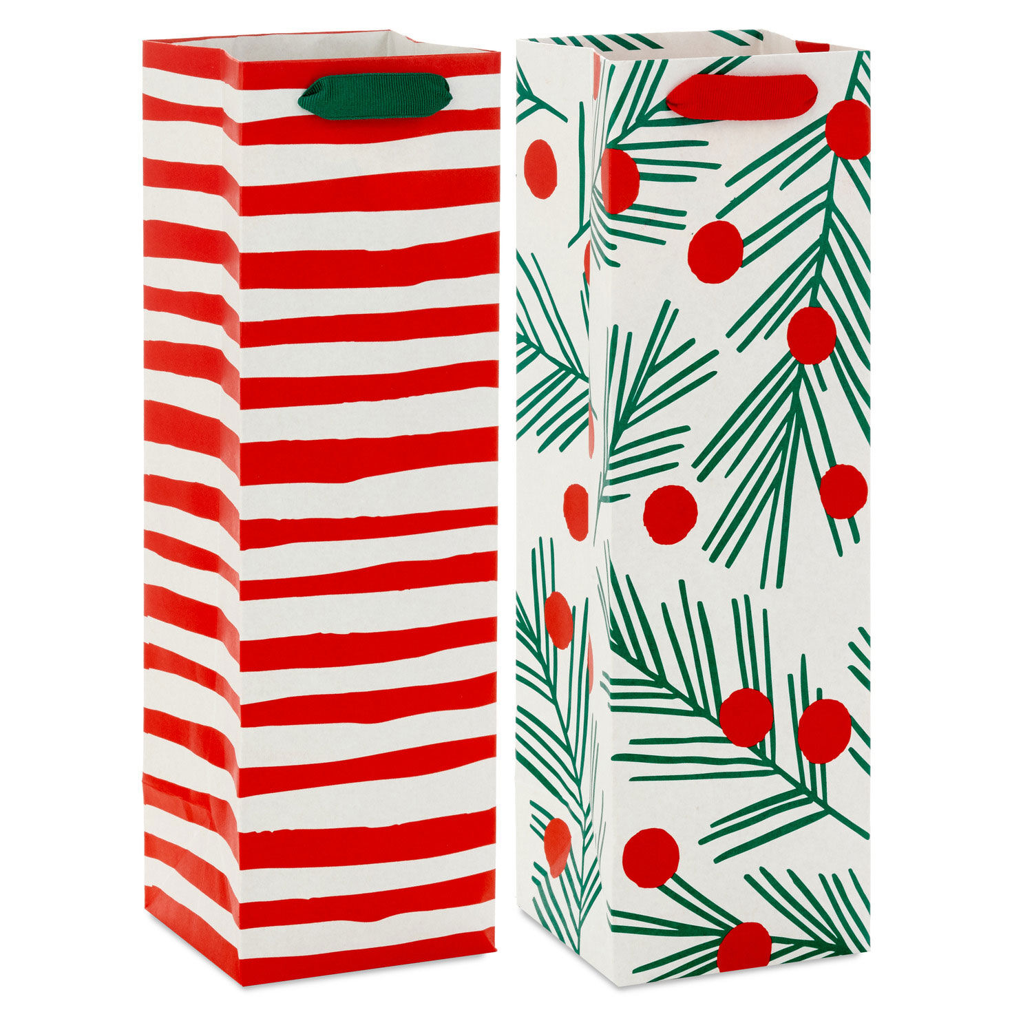 13" Peppermint Stripe and Pine With Berries 2-Pack Christmas Wine Gift Bags