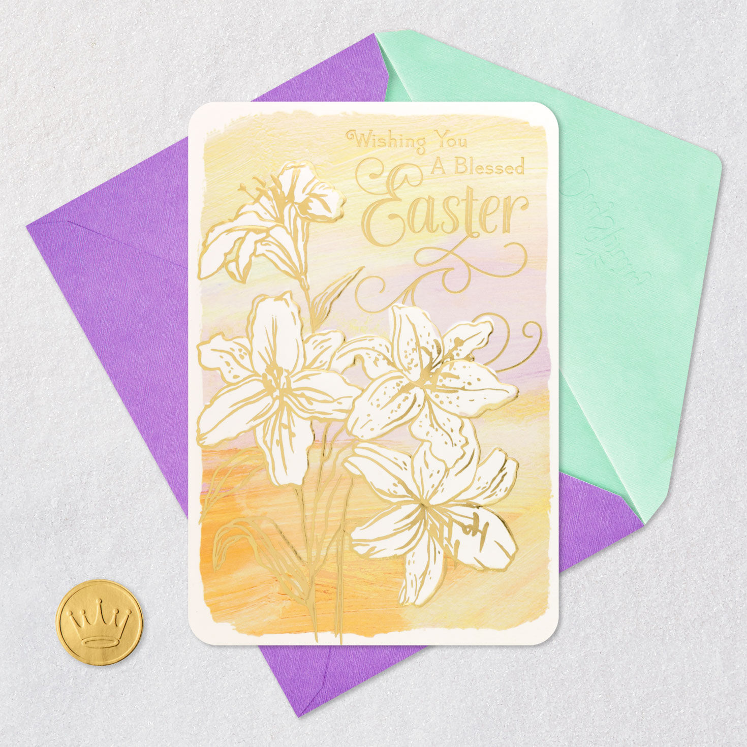 White Lilies on Purple Religious Easter Card Card Front with Envelope and Gold Seal image number 7