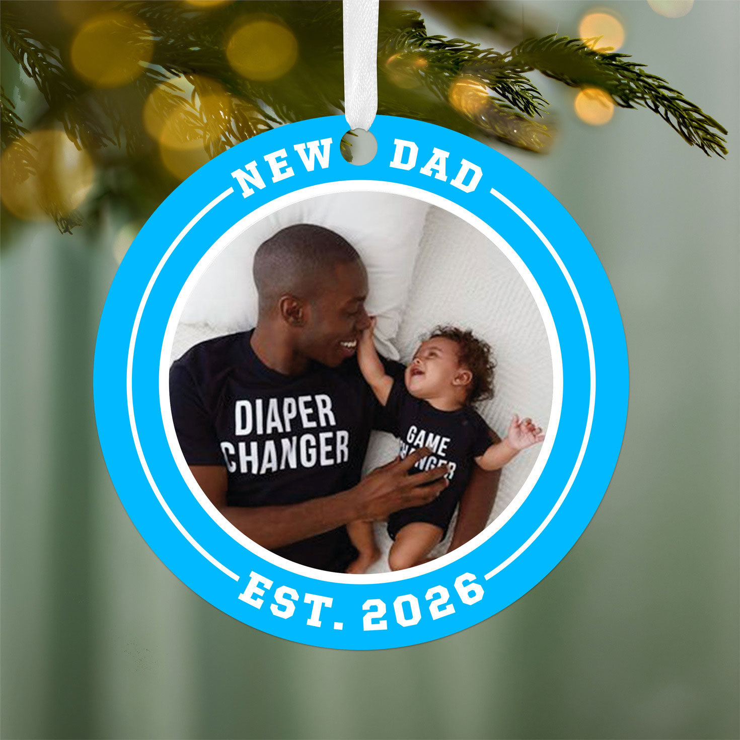 Round New Dad Personalized Ornament hanging on tree image number 2