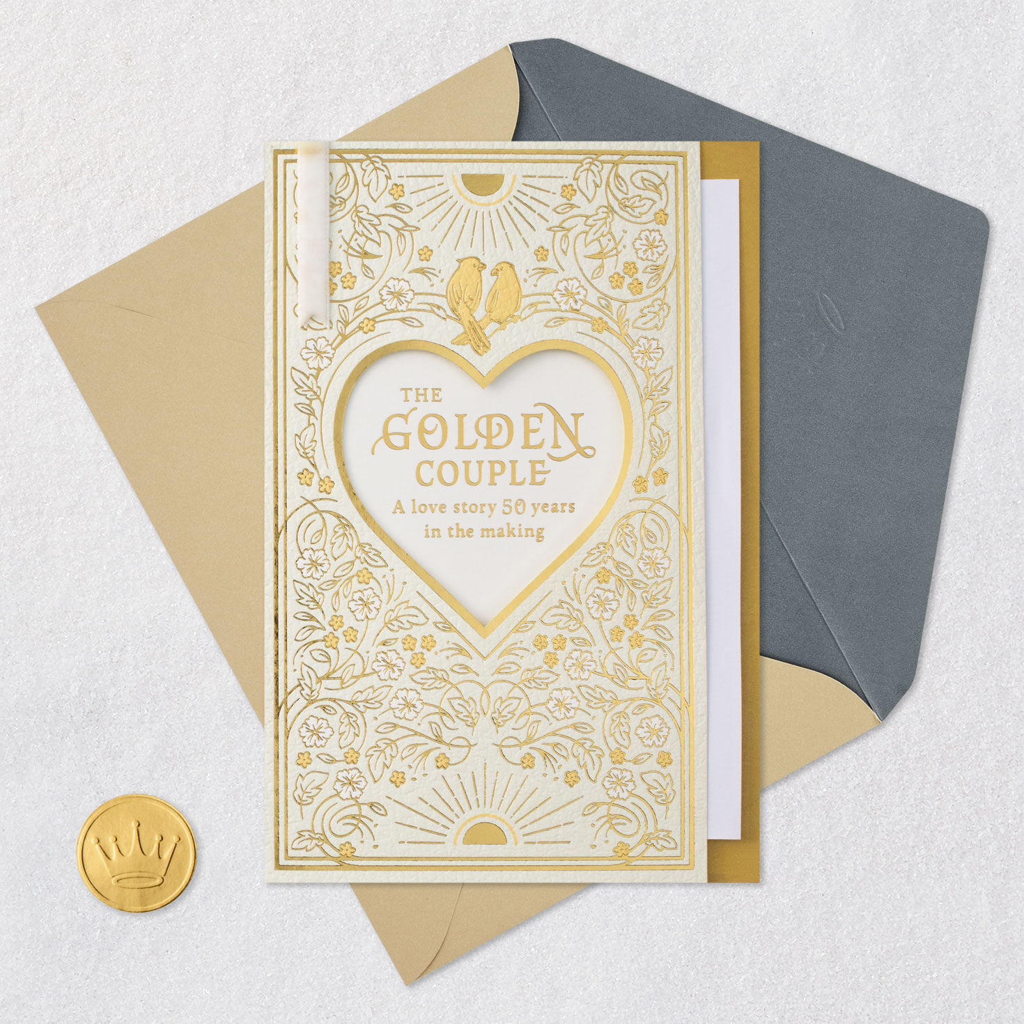 Ornate Gold Flowers and Heart with Birds 50th Anniversary Card Card Front with Envelope and Gold Seal image number 6