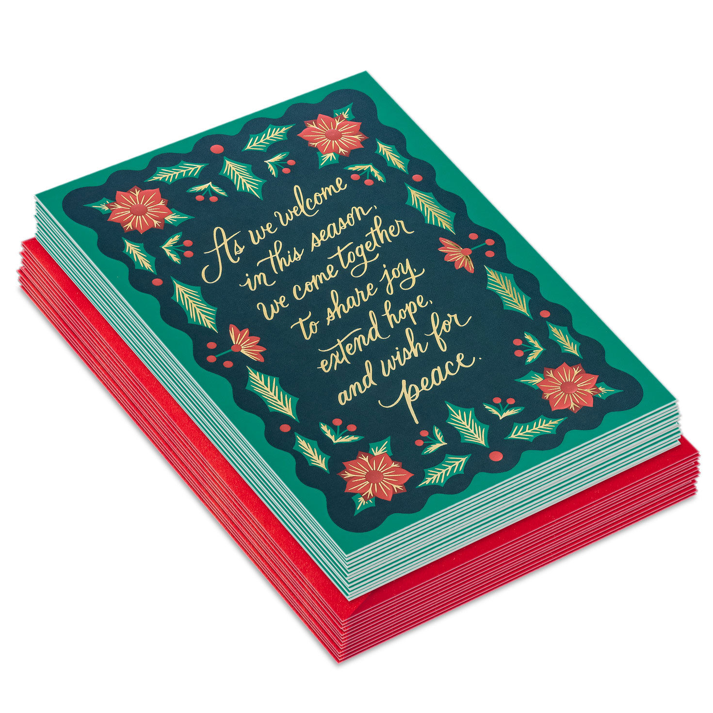 Pine Boughs and Poinsettias Boxed Christmas Cards, Pack of 16
