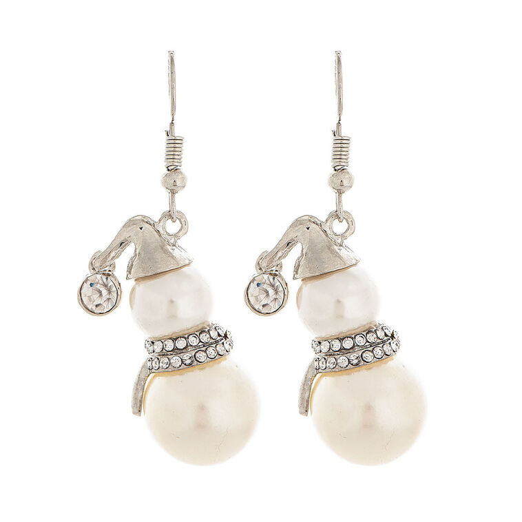 Rain Jewelry Silver and Faux Pearl Snowman Drop Earrings