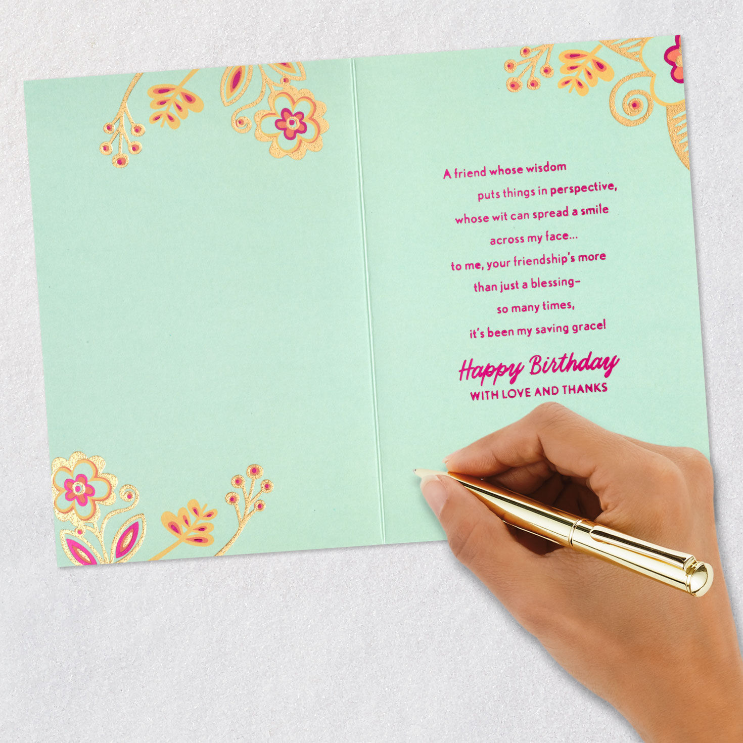 Retro Flowers on Mint Birthday Card for Friend signing card image number 6