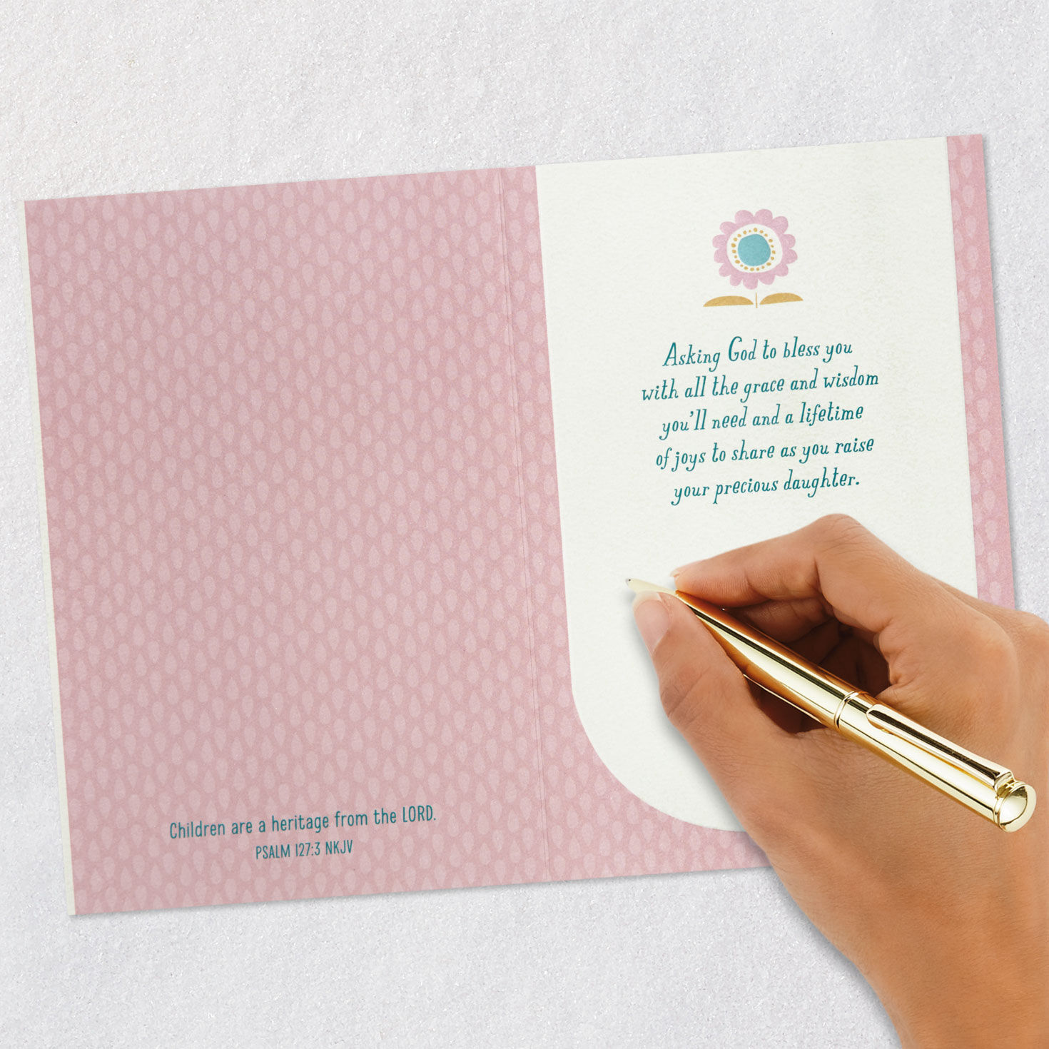 Pink Flower Motif Baptism Card for Baby Girl signing card image number 7