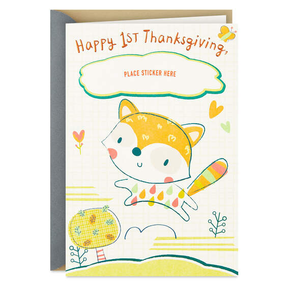Cute Fox Customizable Baby's First Thanksgiving Card With Relative Stickers, , large image number 1