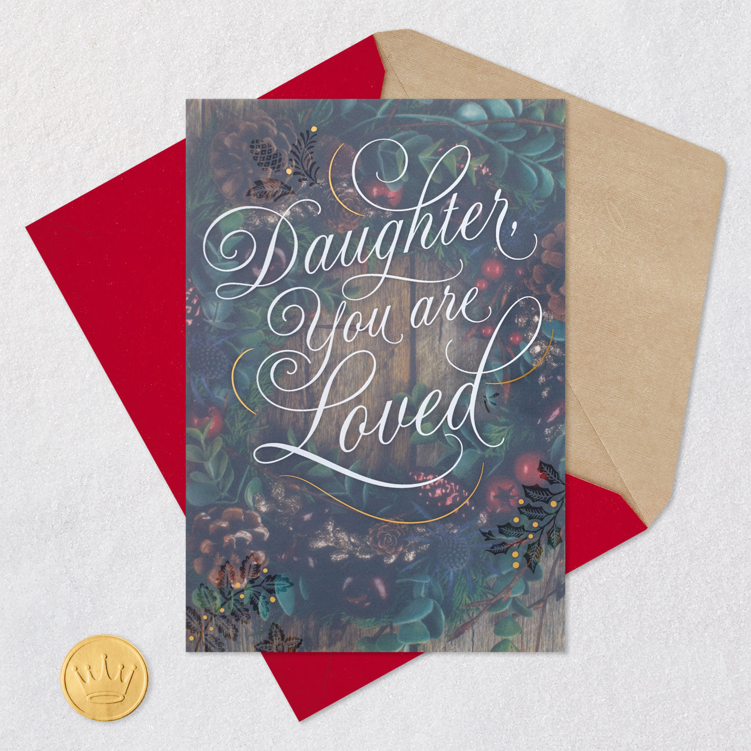 Holiday Wreath Daughter Christmas Card Card Front with Envelope and Gold Seal image number 6